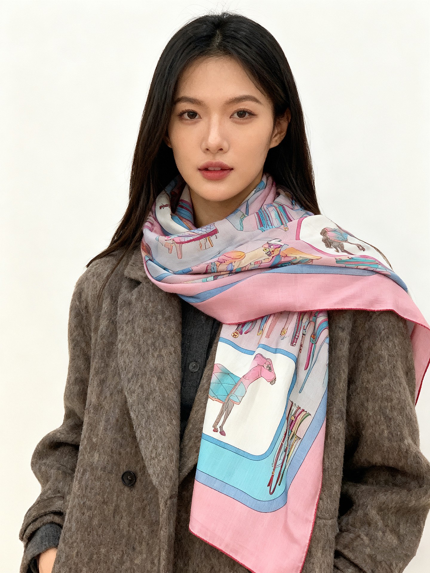 💟Gucci~140双面丝毛披肩马鞍细节和骑马图案以精致色调匠心呈献，意在向品牌与马术世界的深厚渊源致敬