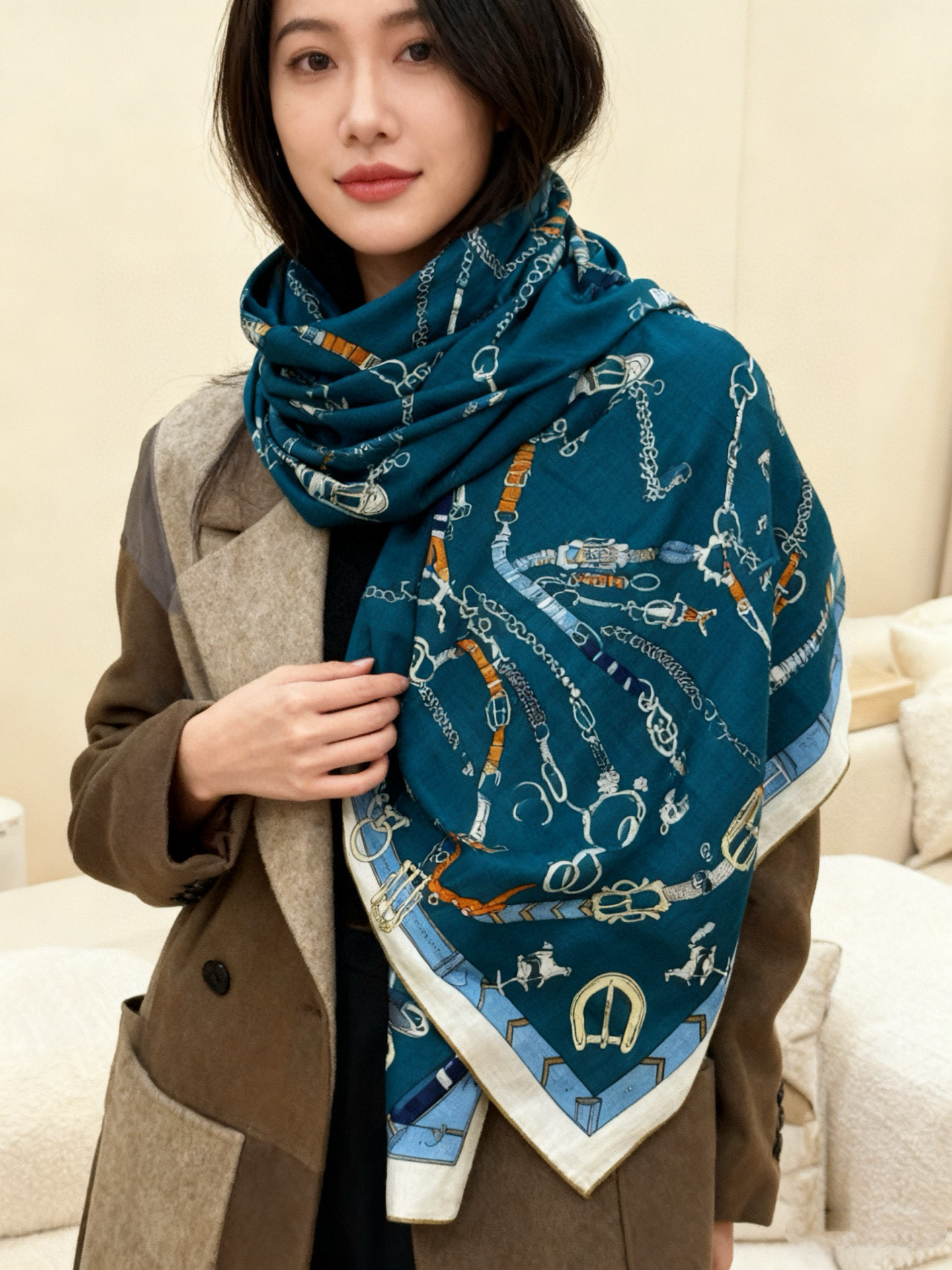 羊绒新款🆕👏👏买了都说好看‼️推荐💕爱马仕双面同色羊绒方巾【跃动的马儿双面同色140】，顶级工艺超值‼️