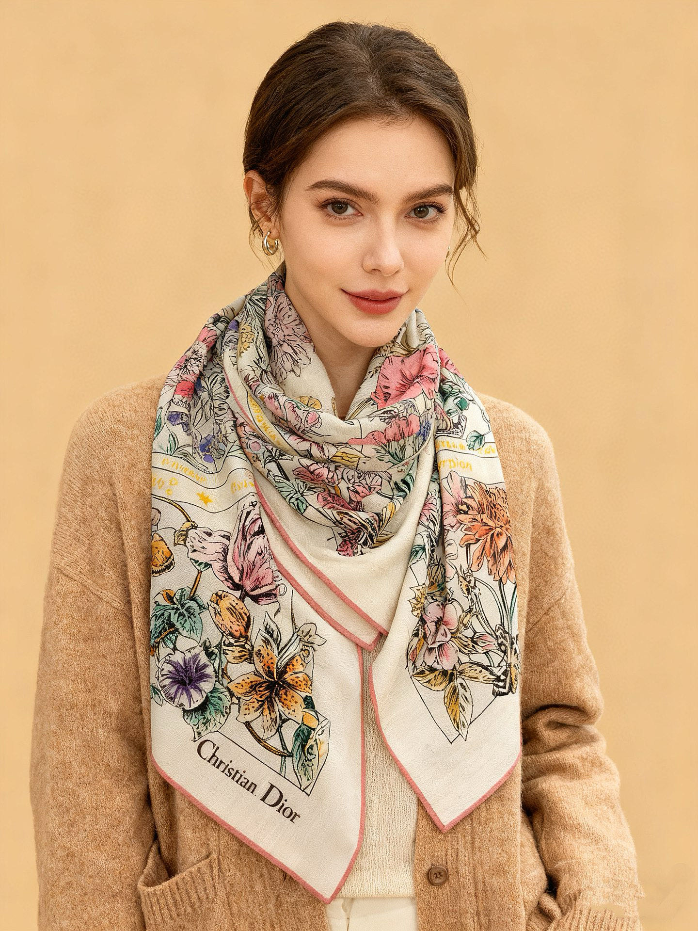 Dior 双面同色丝绒印花方巾140丝绒面料多色 Dior Astral Flowers这款方巾饰以 D