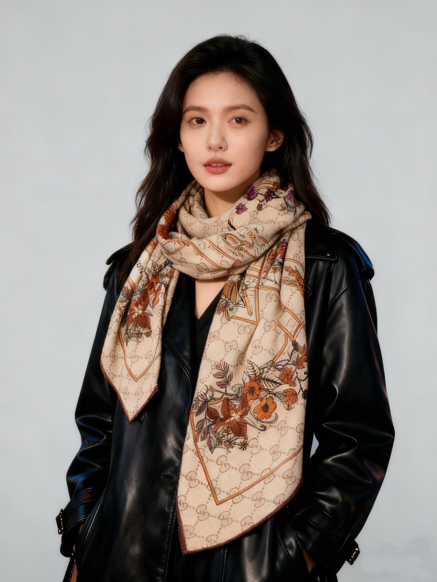 Gucci新款方巾 Gucci动物和花卉印花品牌典藏图案在与全新醒目印花的衬托下熠熠生辉。这款方巾匠心缀