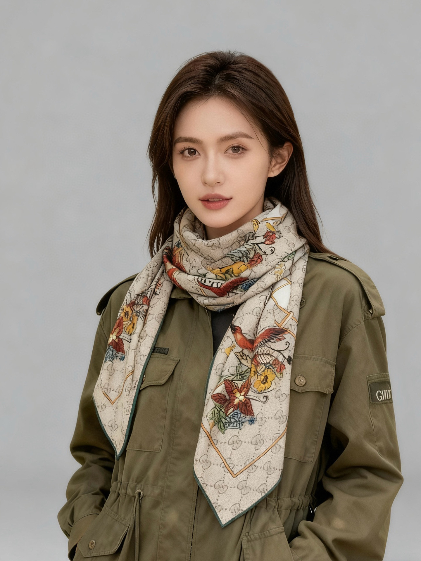 Gucci新款方巾 Gucci动物和花卉印花品牌典藏图案在与全新醒目印花的衬托下熠熠生辉。这款方巾匠心缀