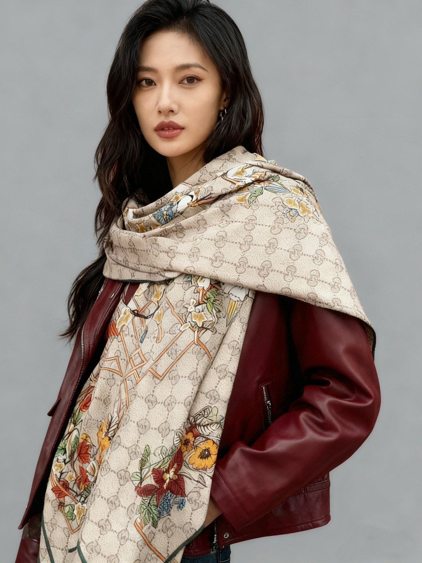 Gucci新款方巾 Gucci动物和花卉印花品牌典藏图案在与全新醒目印花的衬托下熠熠生辉。这款方巾匠心缀