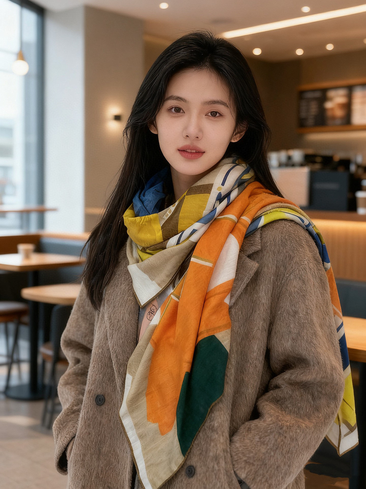 爱马仕“格纹马面罩” 140丝绒双面同色披肩手工卷边丝绒方巾（30%桑蚕丝70%羊绒）这款经典单品展现强