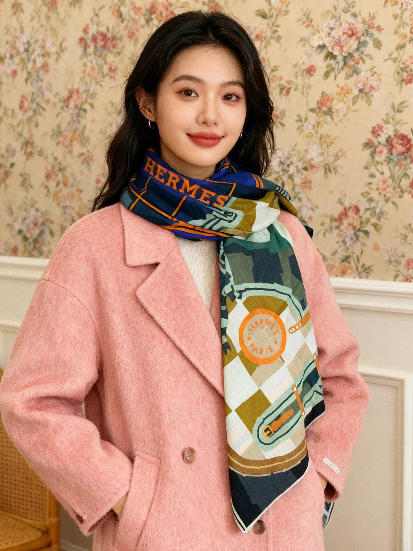 爱马仕“格纹马面罩” 140丝绒双面同色披肩手工卷边丝绒方巾（30%桑蚕丝70%羊绒）这款经典单品展现强