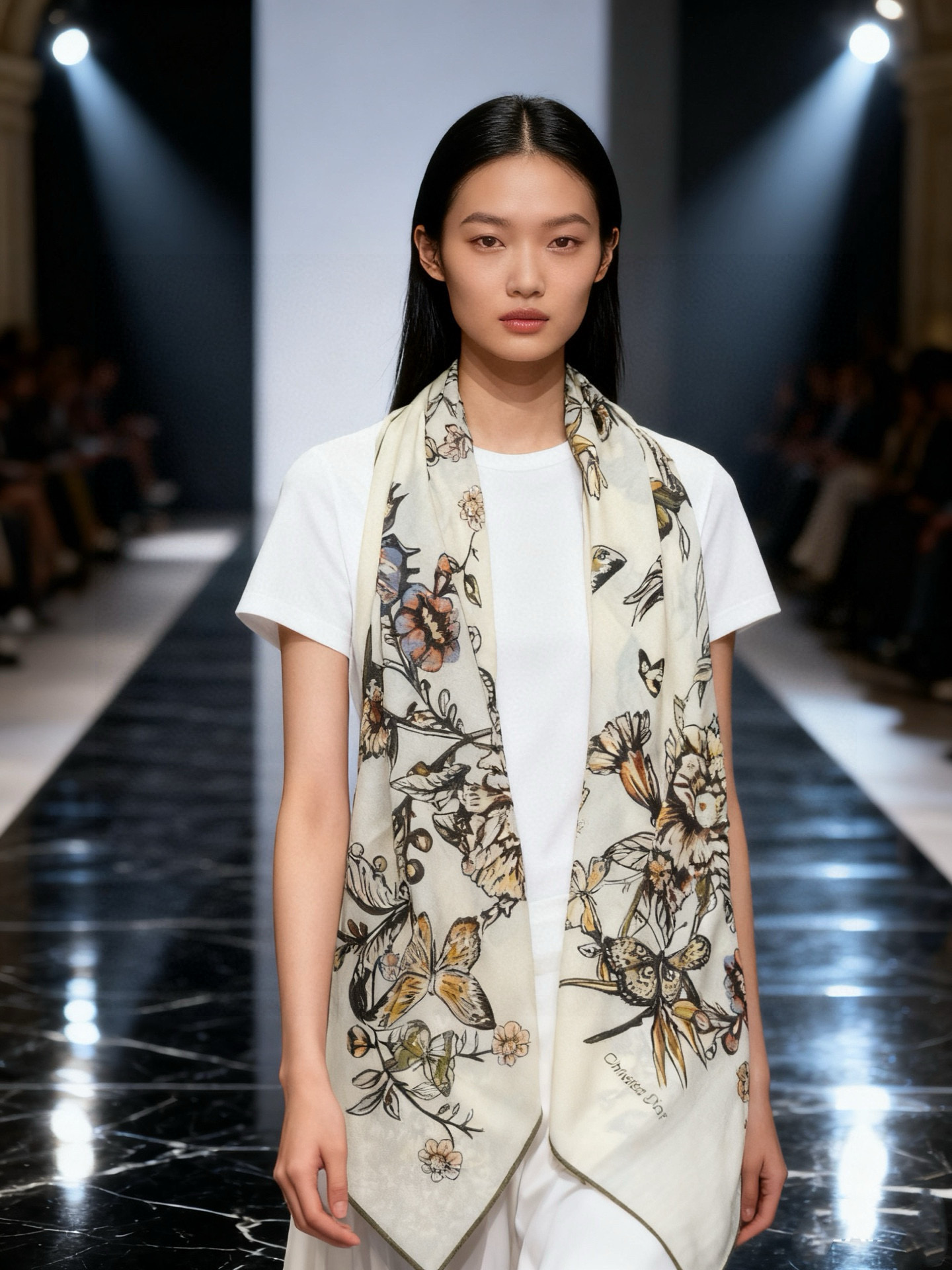 这款披肩饰以 Dior Camo PaPillon 图案，以优雅而诗意的设计全新演绎蝴蝶主题。采用真丝羊