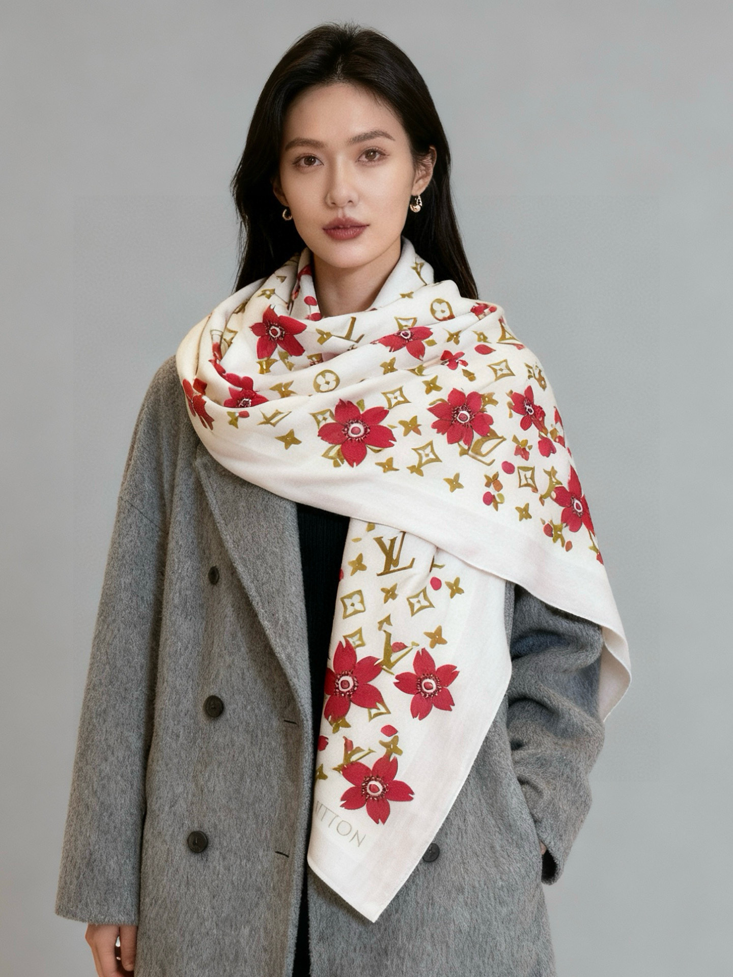 LV x TM MONOGRAM CHERRY BLOSSOM 【140顶级丝绒双面同色披肩】本款丝绒披