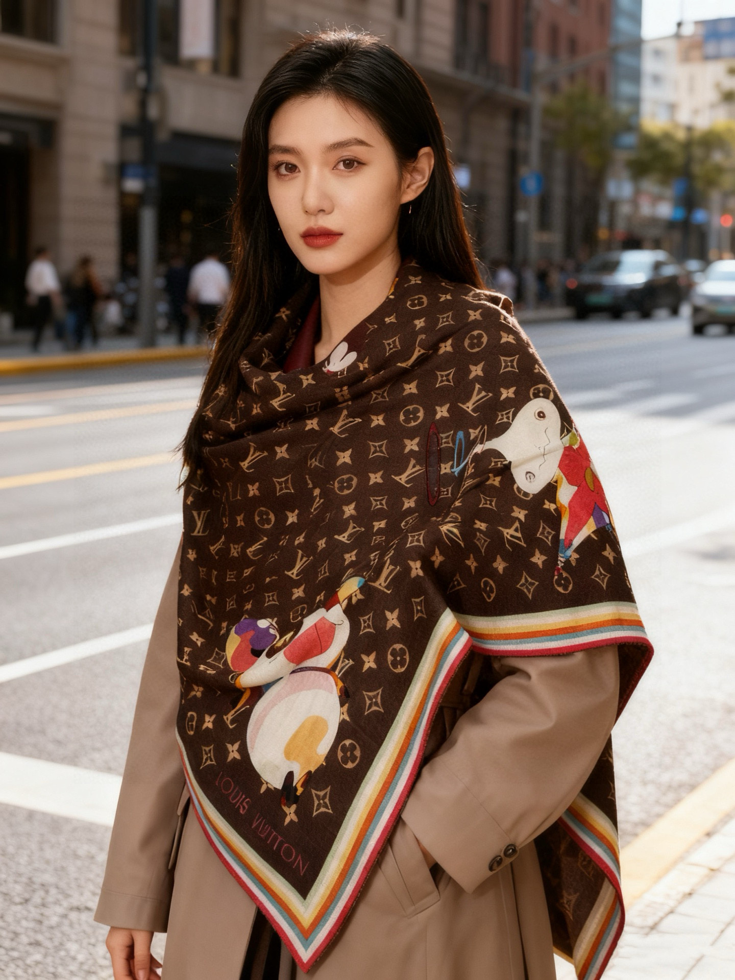 LV x TM SUPERFLAT 140丝绒方巾【140真丝羊绒双面同色披肩】LV x TM Mono