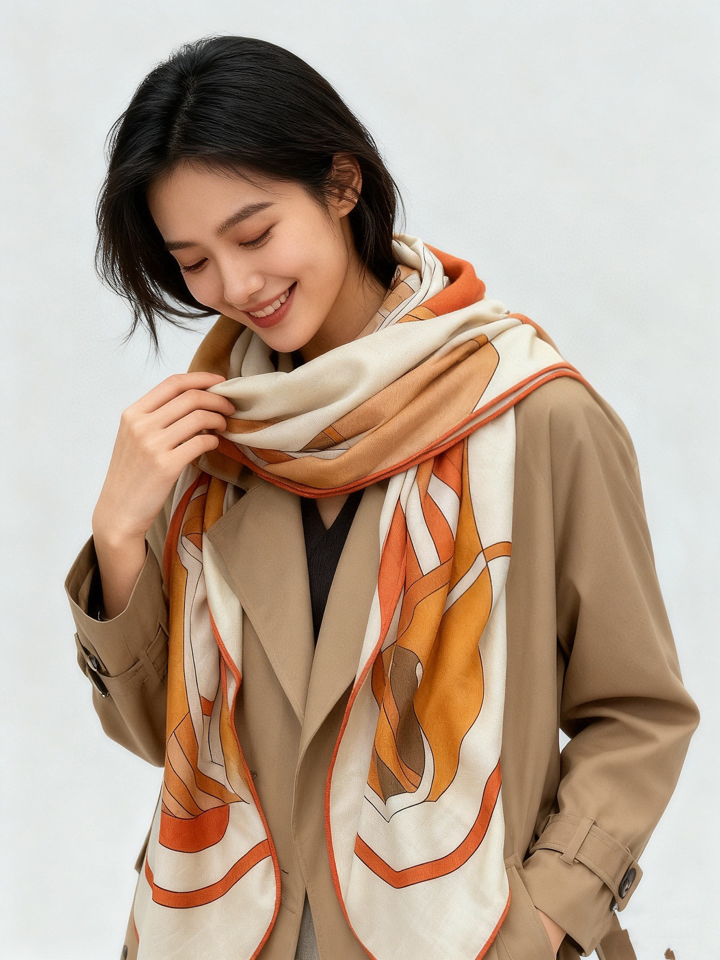 💟2025年早秋上新💞【双面同色丝绒方巾】手工卷边山羊绒和真丝混纺披肩（70%山羊绒，30%桑蚕丝）这款