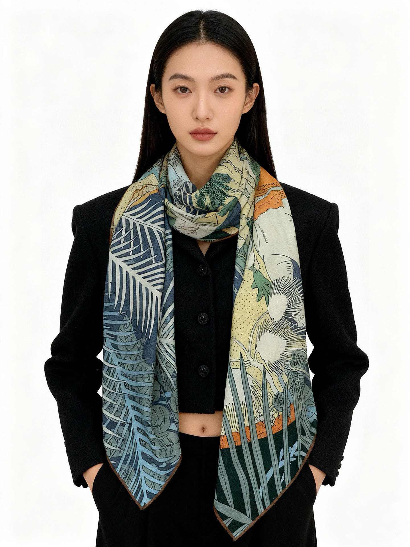 爱马仕～秋冬搭配利器❗️顶级双面同色真丝羊绒披肩！！1条等于2条】点睛精彩，图案和配色都超级喜欢，又一款