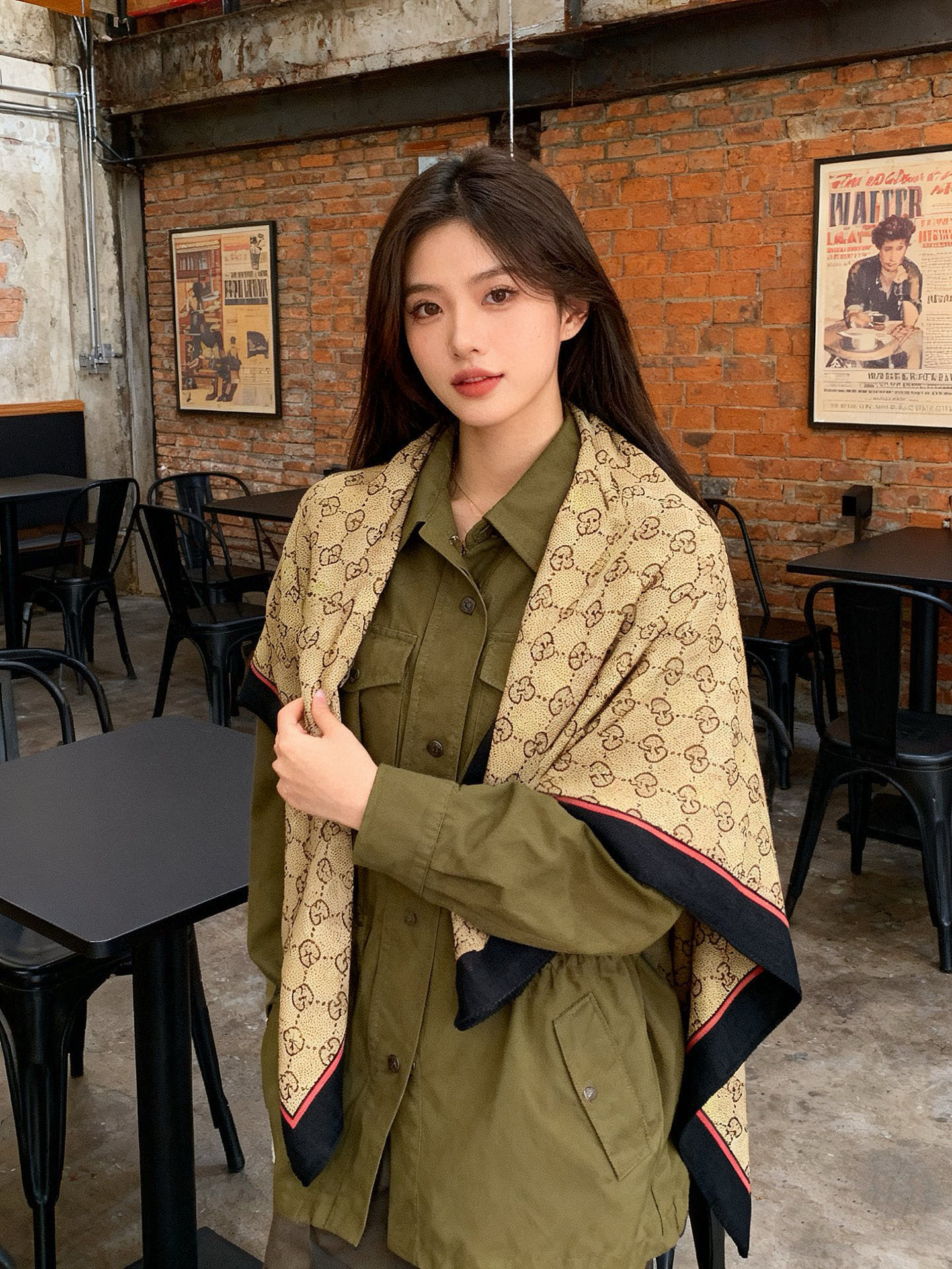 Gucci~140双面丝绒披肩马衔扣细节和GG图案以精致色调匠心呈献，意在向品牌与马术世界的深厚渊源致敬