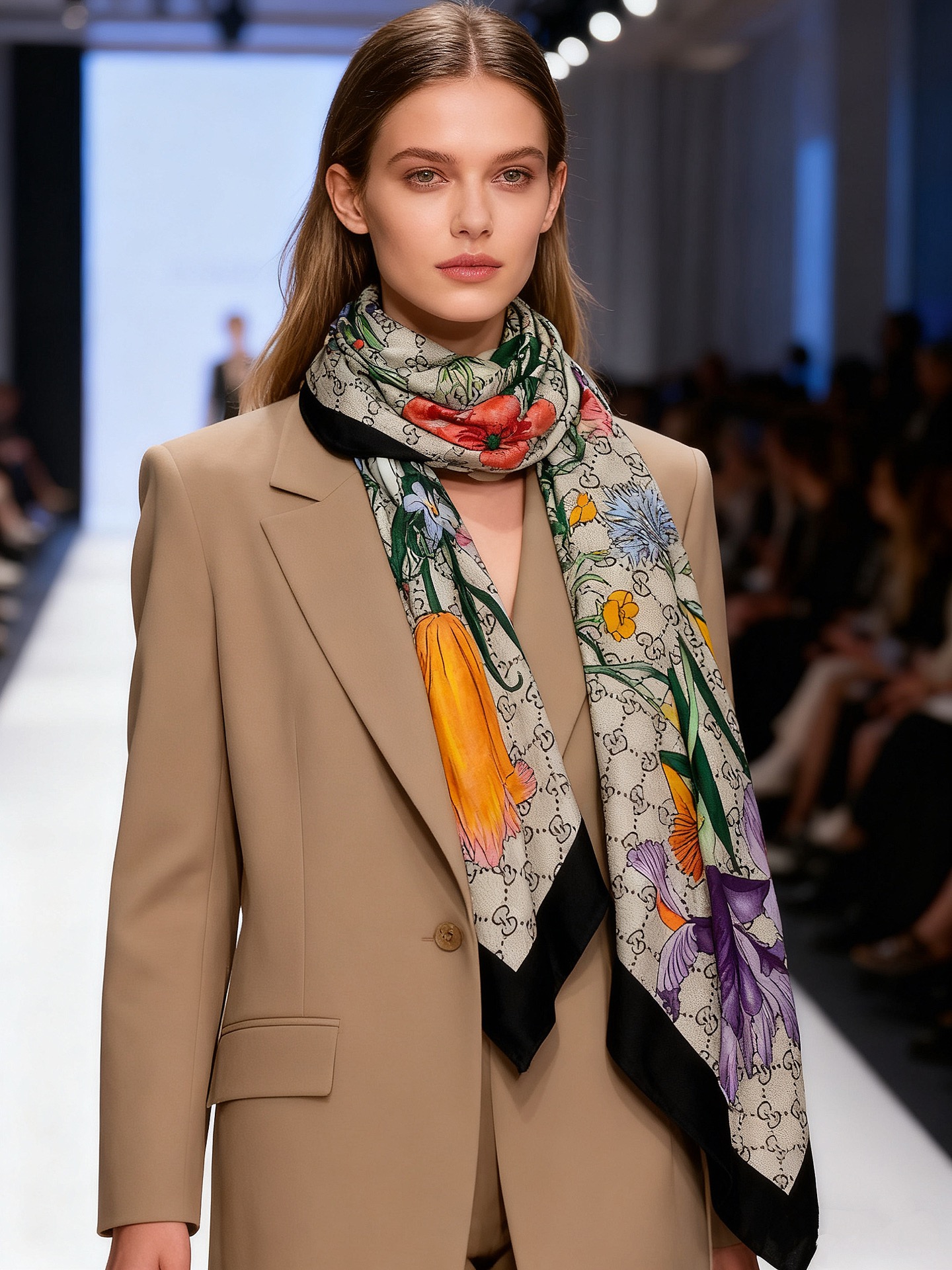 原单古驰140cm丝绒方巾💕 经典Gucci花卉印花以新颖配色和全新风格焕然呈现。在这款方巾之上，它以多