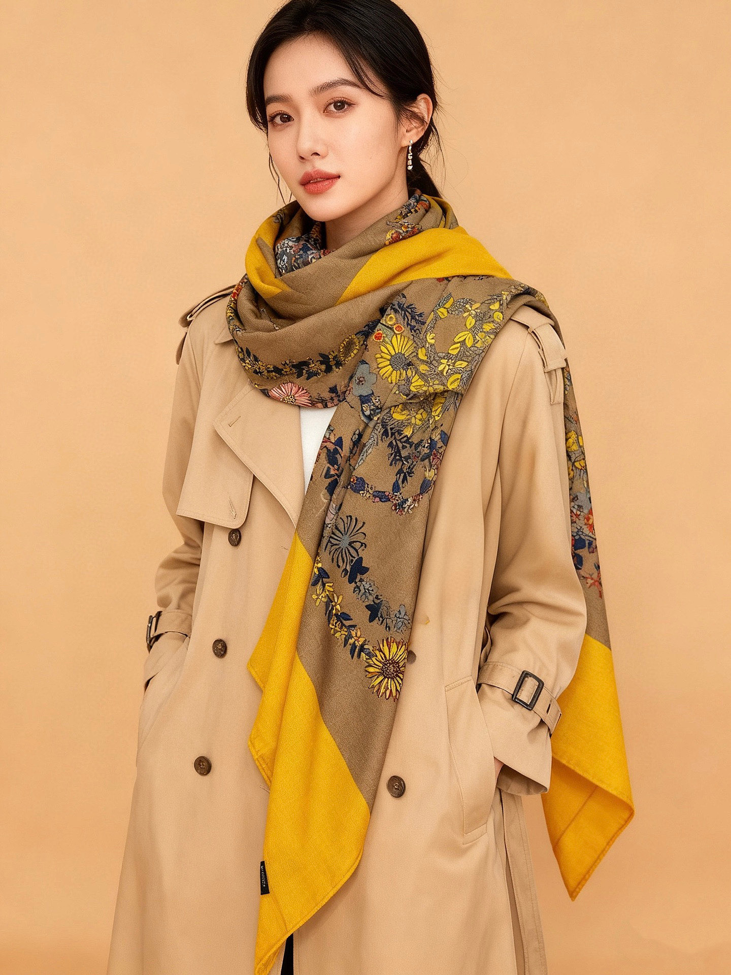 “华丽的缰辔花卉版”140丝绒方巾【140顶级丝绒双面同色披肩】手工卷边丝绒方巾（30%真丝70%羊绒）