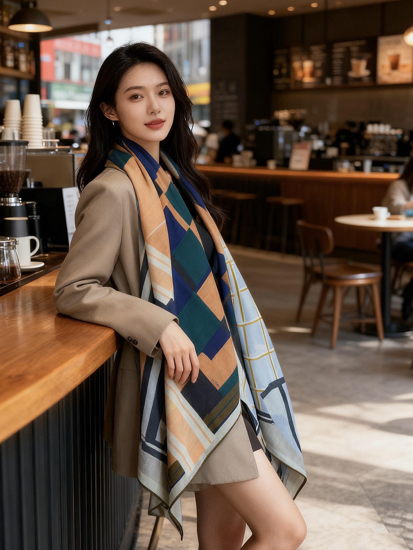 爱马仕“格纹马面罩” 140丝绒双面同色披肩手工卷边丝绒方巾（30%桑蚕丝70%羊绒）这款经典单品展现强