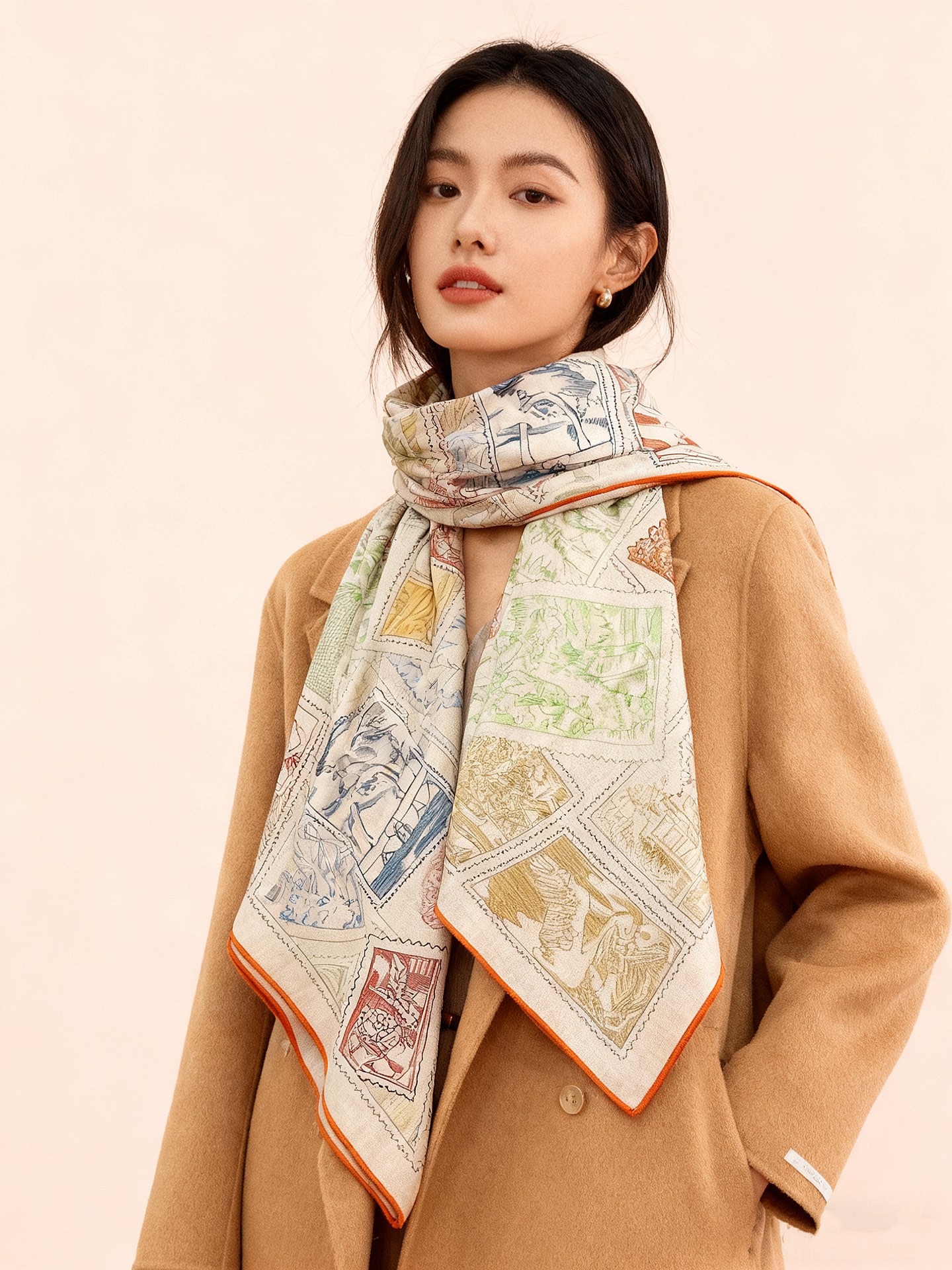 💟2025年秋冬抢先 上新💞【双面同色丝绒方巾】手工卷边山羊绒和真丝混纺披肩（70%山羊绒，30%桑蚕丝