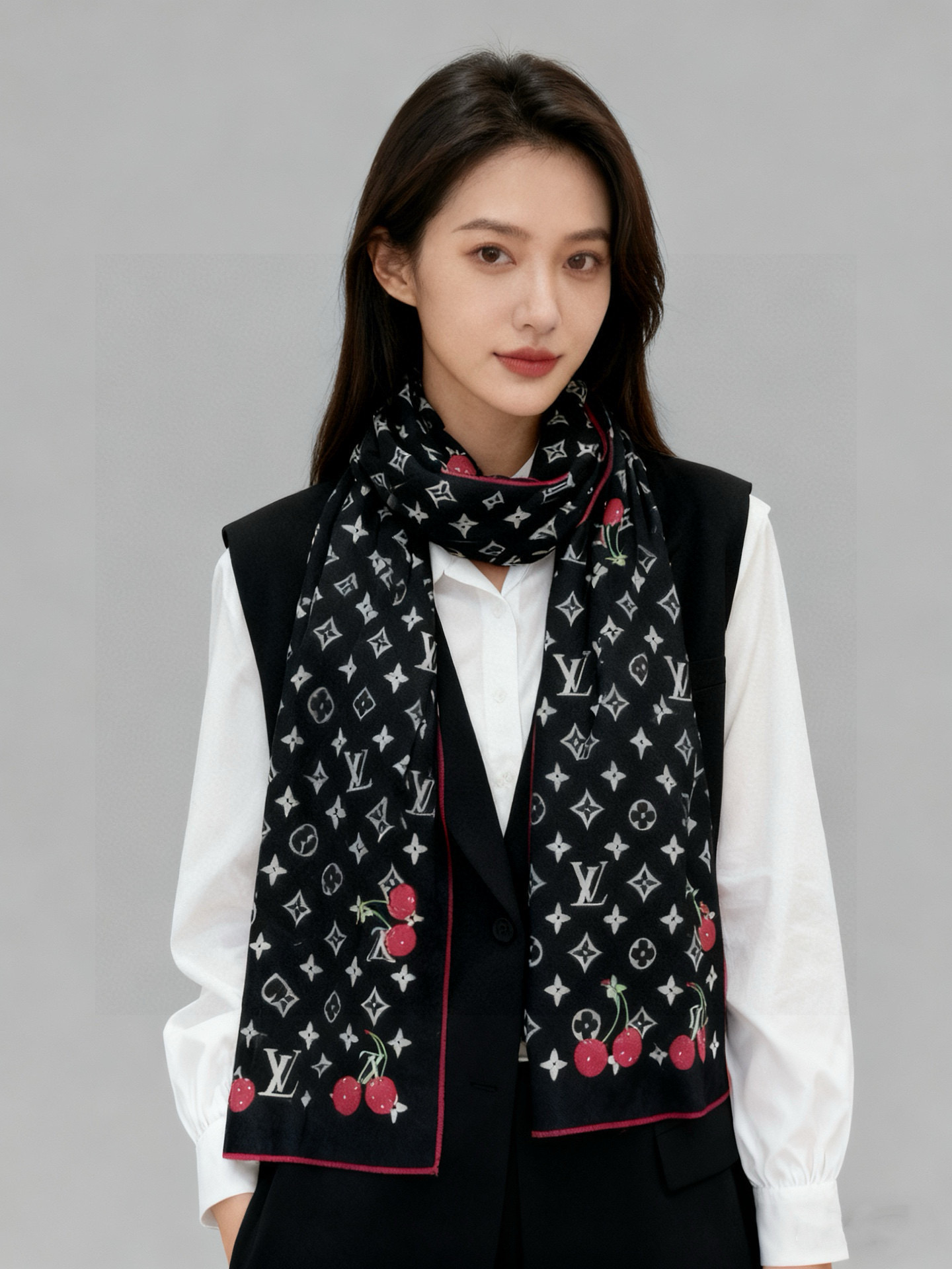 P215  LV X TM MONOGRAM
CERISE 【双面丝绒同色】

LV × TM Monogram Cerise 方巾出自路易威登x村上隆复刻系列，为华美丝毛点缀Monogram 图案，再以日本艺术家笔下的灵动樱桃元素注入清新活力。无论单独佩戴或搭配同系列其他单品，均可展露瞩目风采。

60*180厘米（长度×高）
30%真丝70%羊绒
喷墨印制
Monogram 图案
樱桃图案
路易威登标识