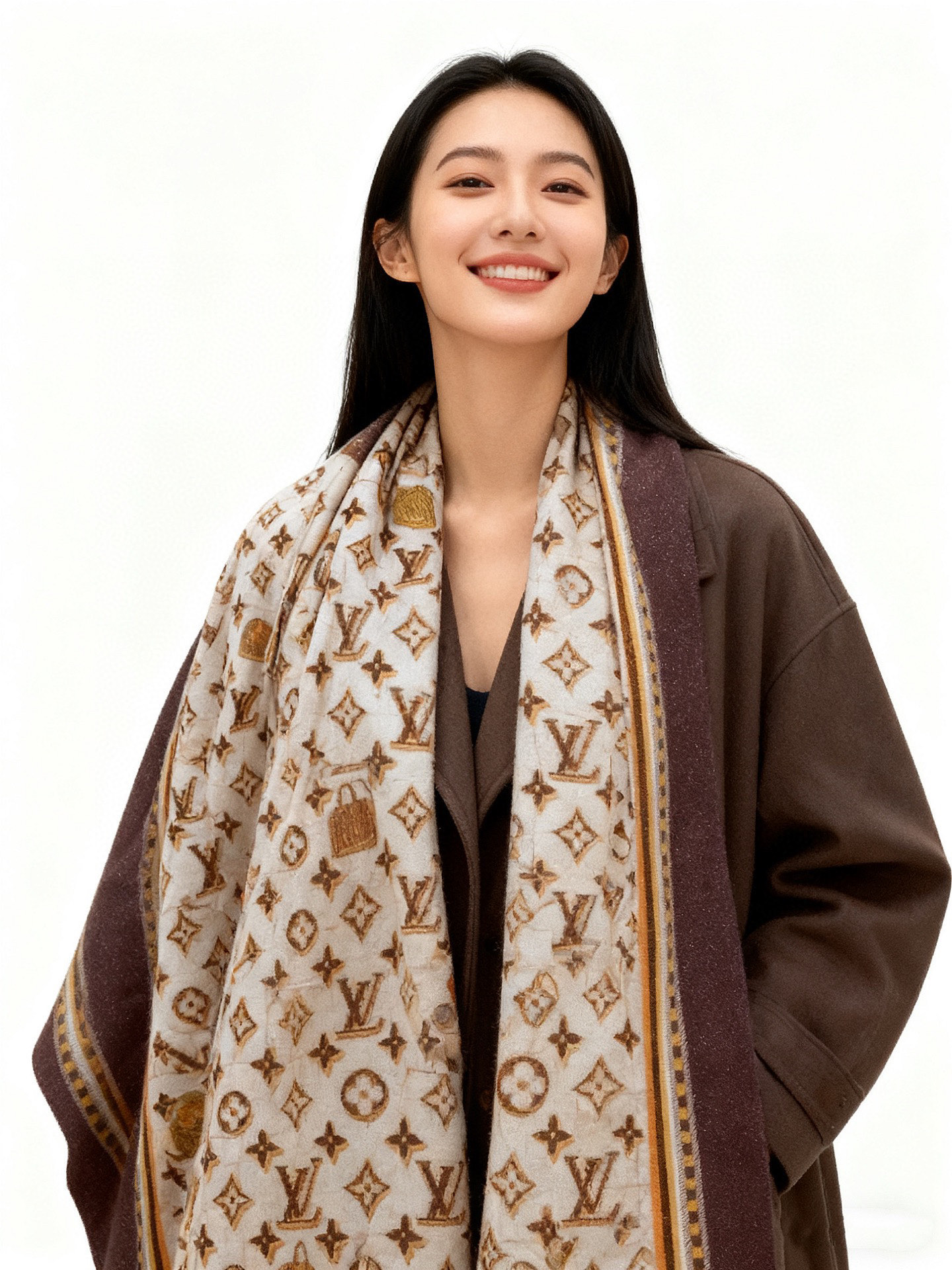 P215  会发光发亮的围巾银丝羊绒长巾✨专柜同步‼️真心赞‼️驴家【L字母与花纹长巾】路易威登经典 Monogram 图案搭配彩色边框再添华美格调。强烈推荐手慢无‼️这个size不大不小特别好搭配，品质超级好‼️拿到手就会懂的高端品质，高端细节所见即所得😘重磅巨献‼️VIP客户必入推荐‼️尺寸：110*200cm👑100%羊绒