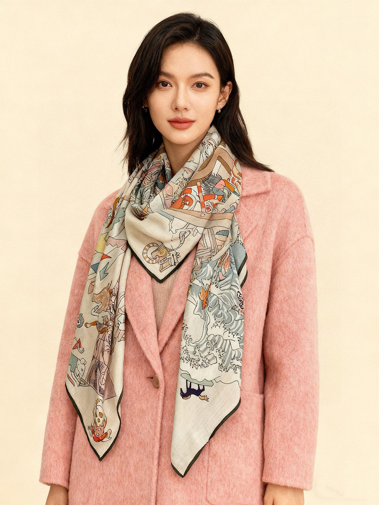 “马术学院”140双面同色丝绒披肩～Hermes 手工卷边丝绒方巾（30%桑蚕丝70%羊绒）这款爱马仕的