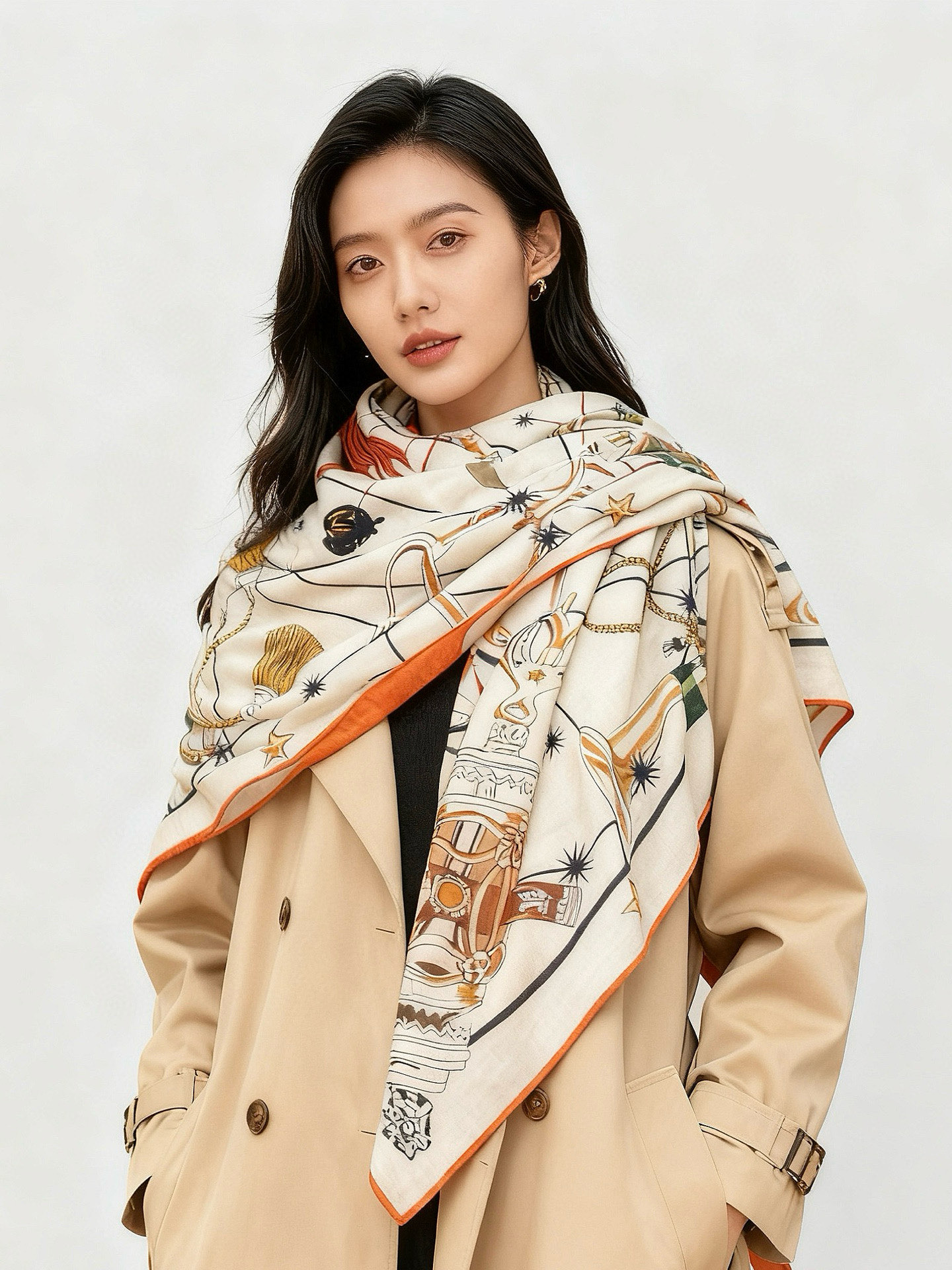 “星辰合唱曲”140丝绒双面同色披肩手工卷边丝绒方巾（30%桑蚕丝70%羊绒）这款经典单品展现强大而迷人