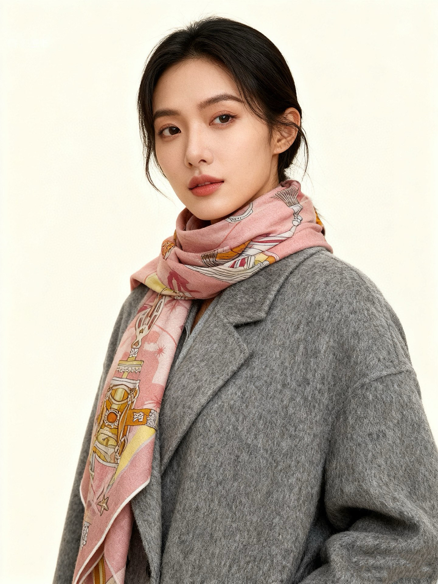 “星辰合唱曲”140丝绒双面同色披肩手工卷边丝绒方巾（30%桑蚕丝70%羊绒）这款经典单品展现强大而迷人