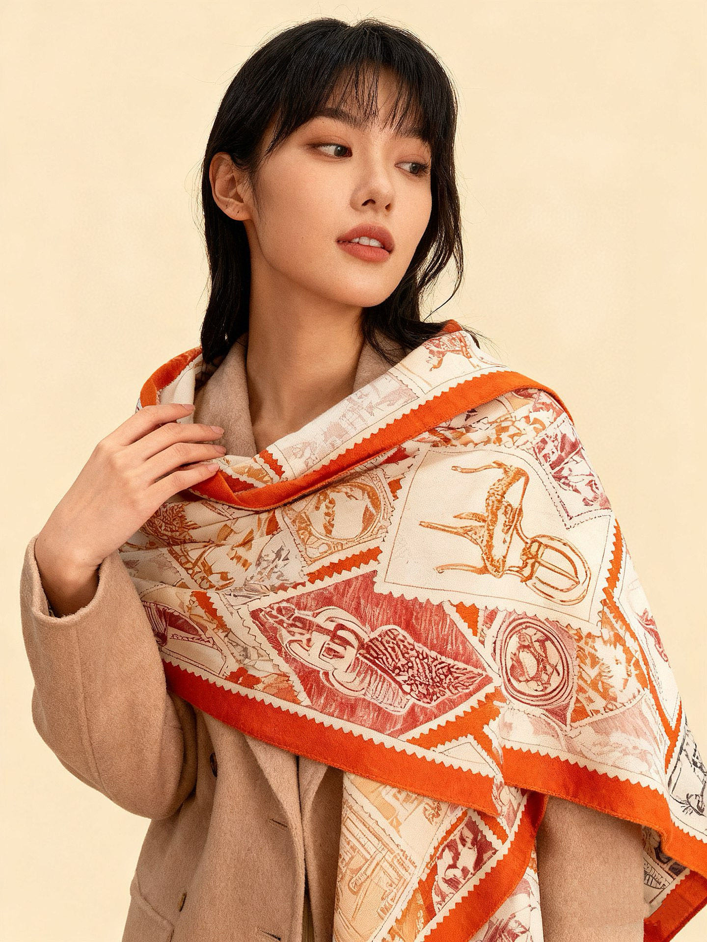 💟2025年秋冬抢先 上新💞【双面同色丝绒绒方巾】手工卷边山羊绒和真丝混纺披肩（70%山羊绒，30%桑蚕