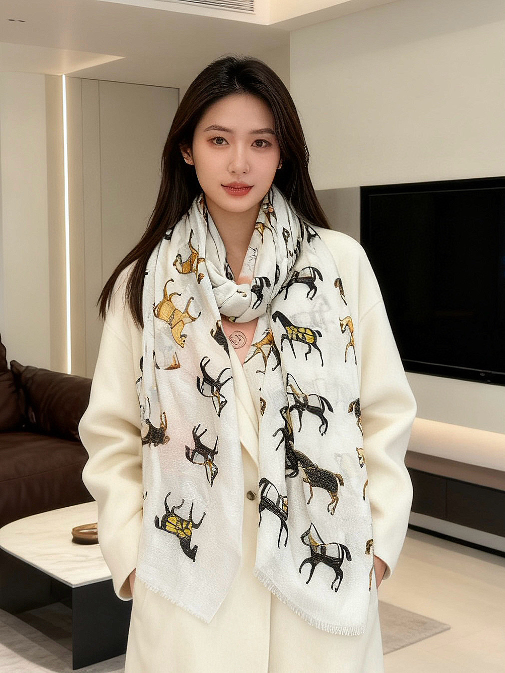 NO:603607,New scarf that will shine. New customer silver silk + cashmere fabric long scarf. So beautiful [crying] H family [horse draped long scarf] is on sale at the royal palace level new counter. Pure cashmere silver silk unique design style with classic horse pattern print. Extremely beautiful. Really. The upper body is extremely luxurious and high-end. Rare ~ little expensive ~ you can decide if it looks good or not. Size 110x200cm large long scarf, top pure cashmere high version scarf, high version scarf19860909上新 会发光发亮的围巾 新款客银丝+羊绒面料长巾 美翻了[流泪]H家【骏马披挂长巾】御用殿堂级别新款专柜在售 纯羊绒银丝独特设计风格加上富有经典马图案印花 美丽至极 真的 上身极为奢华上档次 稀有～小贵～好看不好看自己看吧 尺寸110x200cm 大长巾,顶级纯羊绒高版本围巾,高版本围巾,scarf