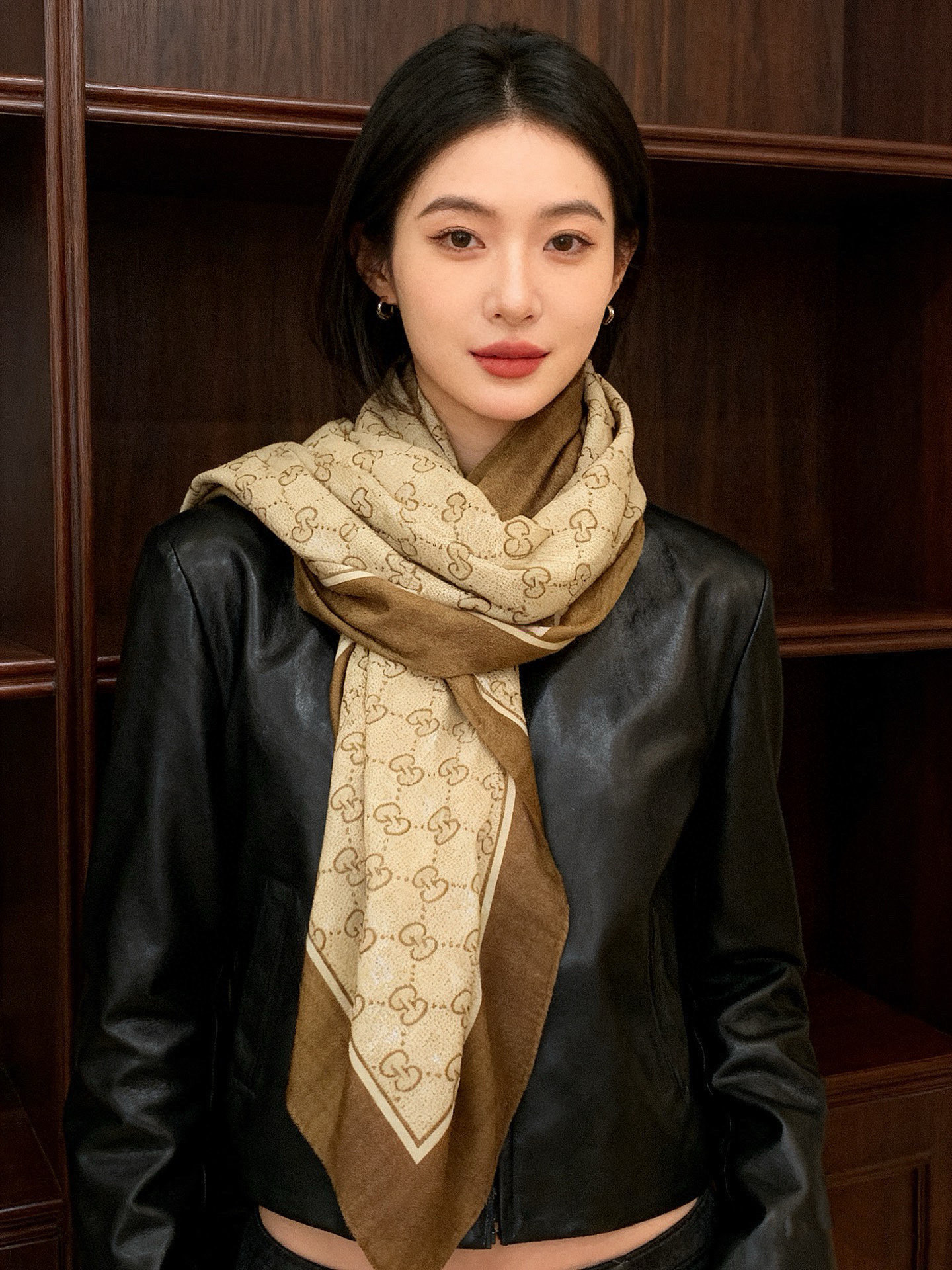 Gucci~140双面丝绒披肩马衔扣细节和GG图案以精致色调匠心呈献，意在向品牌与马术世界的深厚渊源致敬