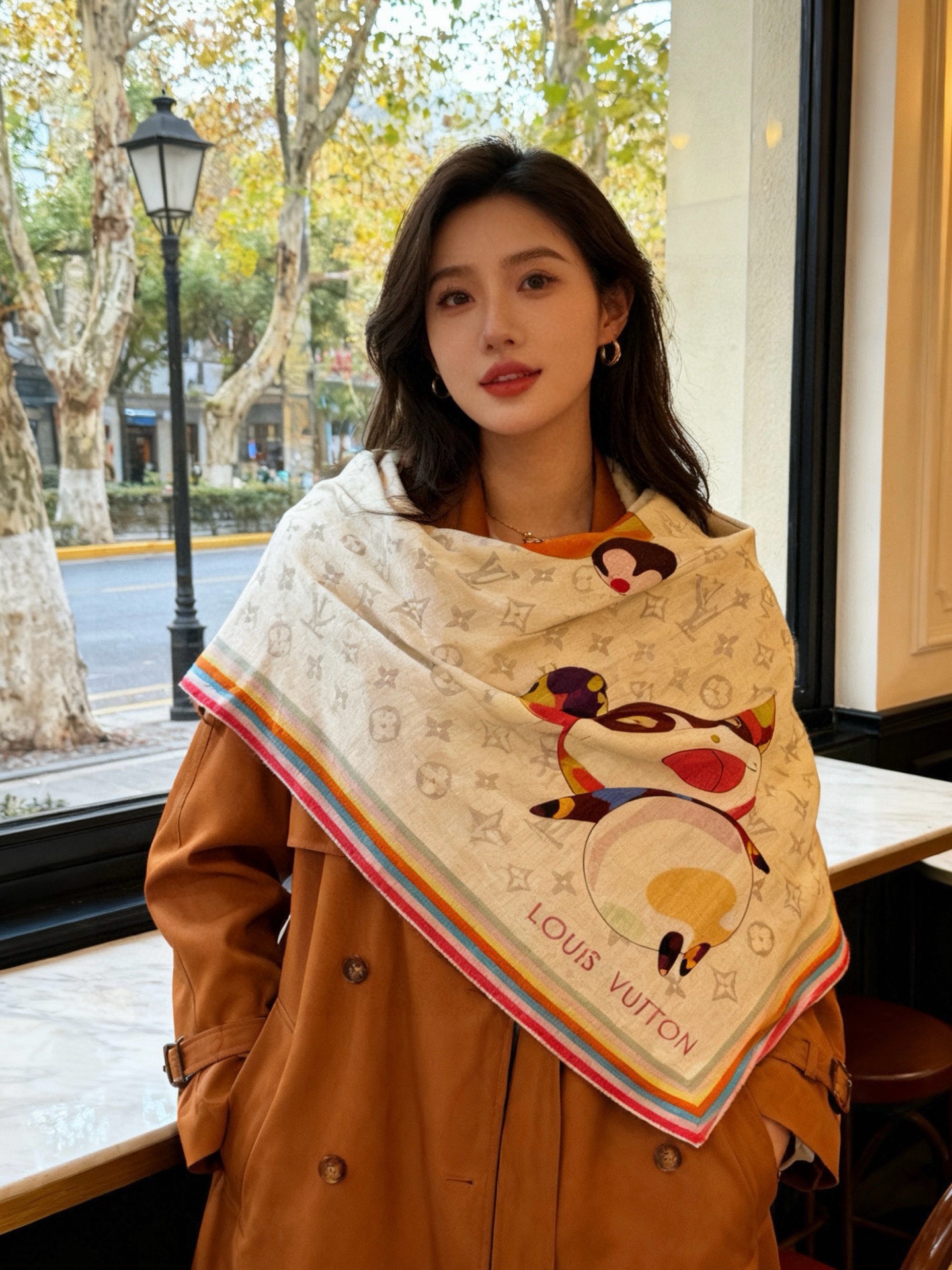 LV x TM SUPERFLAT 140丝绒方巾【140真丝羊绒双面同色披肩】LV x TM Mono