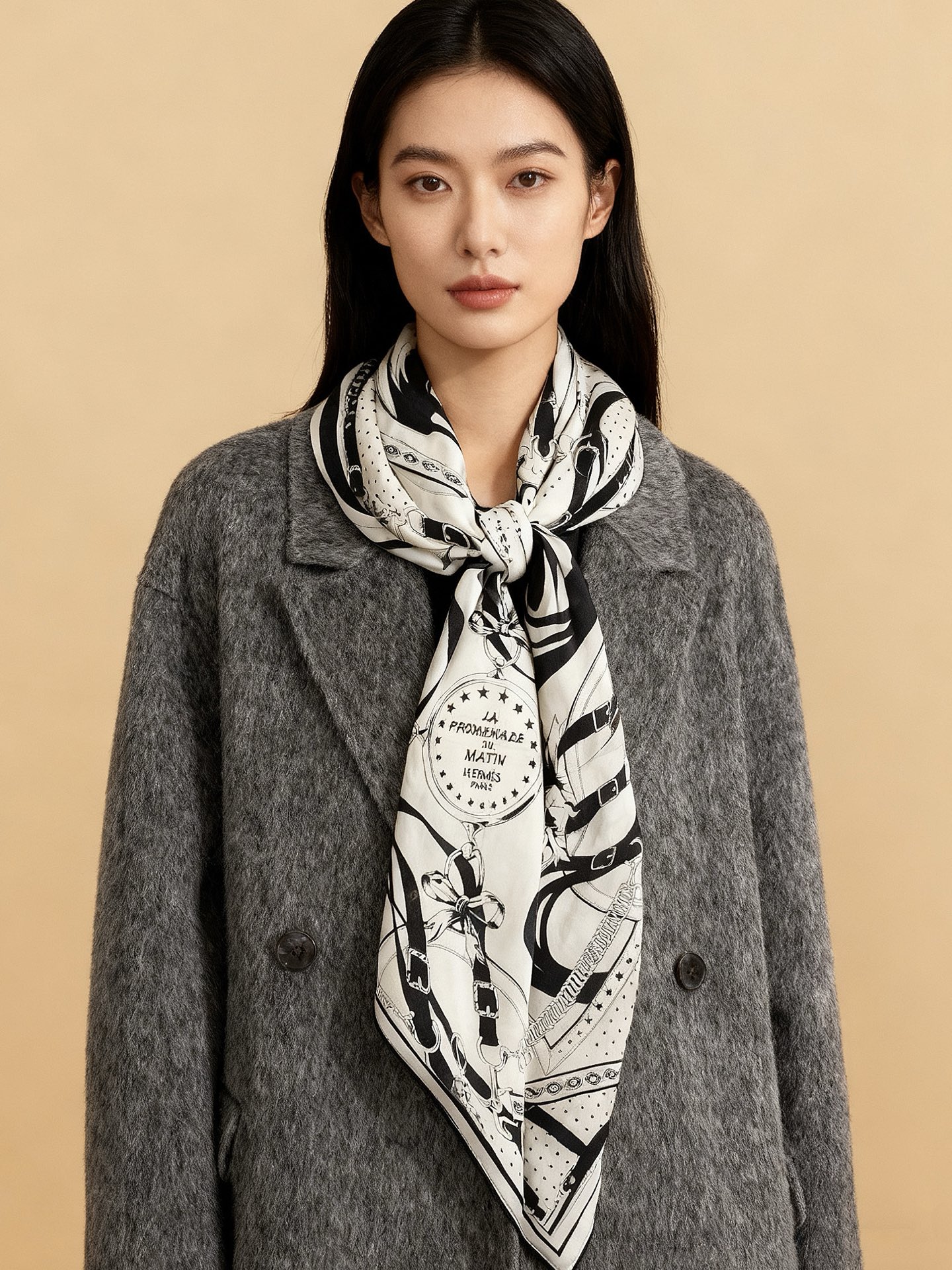 “清晨漫步Bandana”140厘米双面同色丝绒披肩手工卷边山羊绒和真丝混纺披肩（70%山羊绒，30%桑