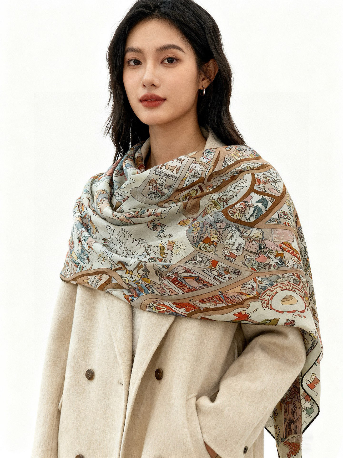 “马术学院”140双面同色丝绒披肩～Hermes 手工卷边丝绒方巾（30%桑蚕丝70%羊绒）这款爱马仕的