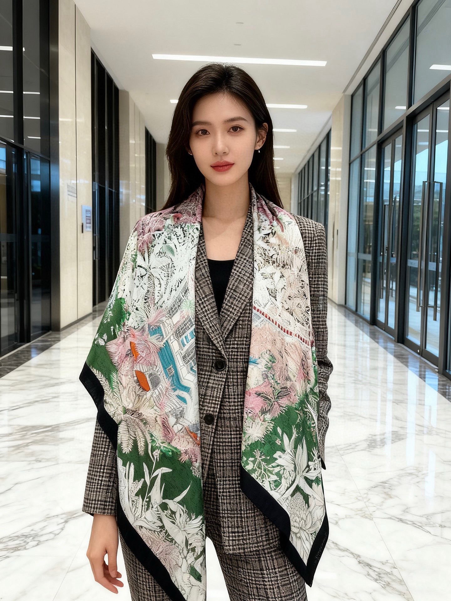 P225 重磅推荐的140顶级丝绒双面异色披肩《回归自然》
披肩尺寸:140*140方巾
70%羊绒30%真丝
这张复杂的手绘作品是“view from the Hills of Los
Angeles”更具体的说是围绕着城市的动物和自然环境。当大家想到洛杉矶的时候,只会记得高楼大厦,完全忘记了这些生活在加州的动物、昆虫、鸟类和其他物种。在这条国巾中,设计师想要突出加州的自然环境,所以弱化了城市建筑。驱逐自然,但它会飞奔回来。隐藏在迷宫般的街道和无处不在的植被中,一群野生动物在蓮慎地注视着这座城市……