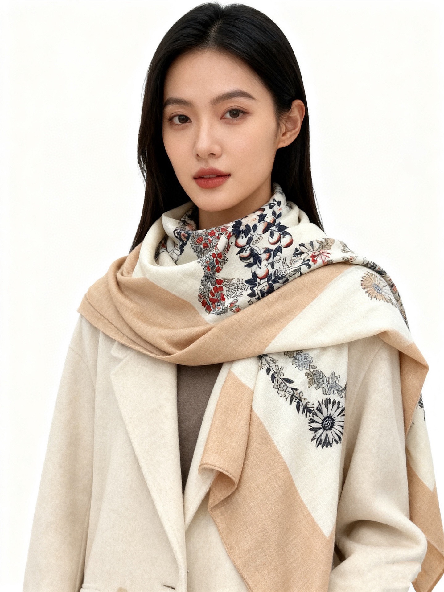 “华丽的缰辔花卉版”140丝绒方巾【140顶级丝绒双面同色披肩】手工卷边丝绒方巾（30%真丝70%羊绒）