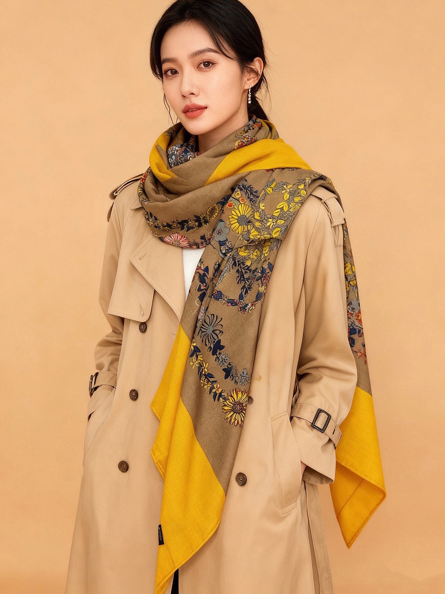 “华丽的缰辔花卉版”140丝绒方巾【140顶级丝绒双面同色披肩】手工卷边丝绒方巾（30%真丝70%羊绒）