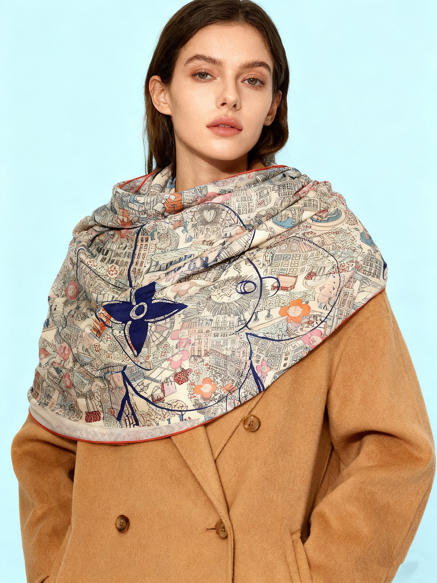 P230 🆕L.vip 定制级别  
【双面同色高奢丝绒方巾，baby绒级别的超柔触感】只有我家的品质才能叫丝绒方巾
路易威登标志性吉祥物 Vivienne 首次亮相围巾图案 
Vivienne 是独一无二的。她是路易威登家族的活泼一员，虽然起初只是小小饰品，却有着迷人魅力，无论何种场合，她都能随心驾驭。作为吉祥物，Vivienne 以风趣活泼诠释品牌各款产品，展现了她对生活的热爱及其大胆、独特的个性。尺寸：140*140