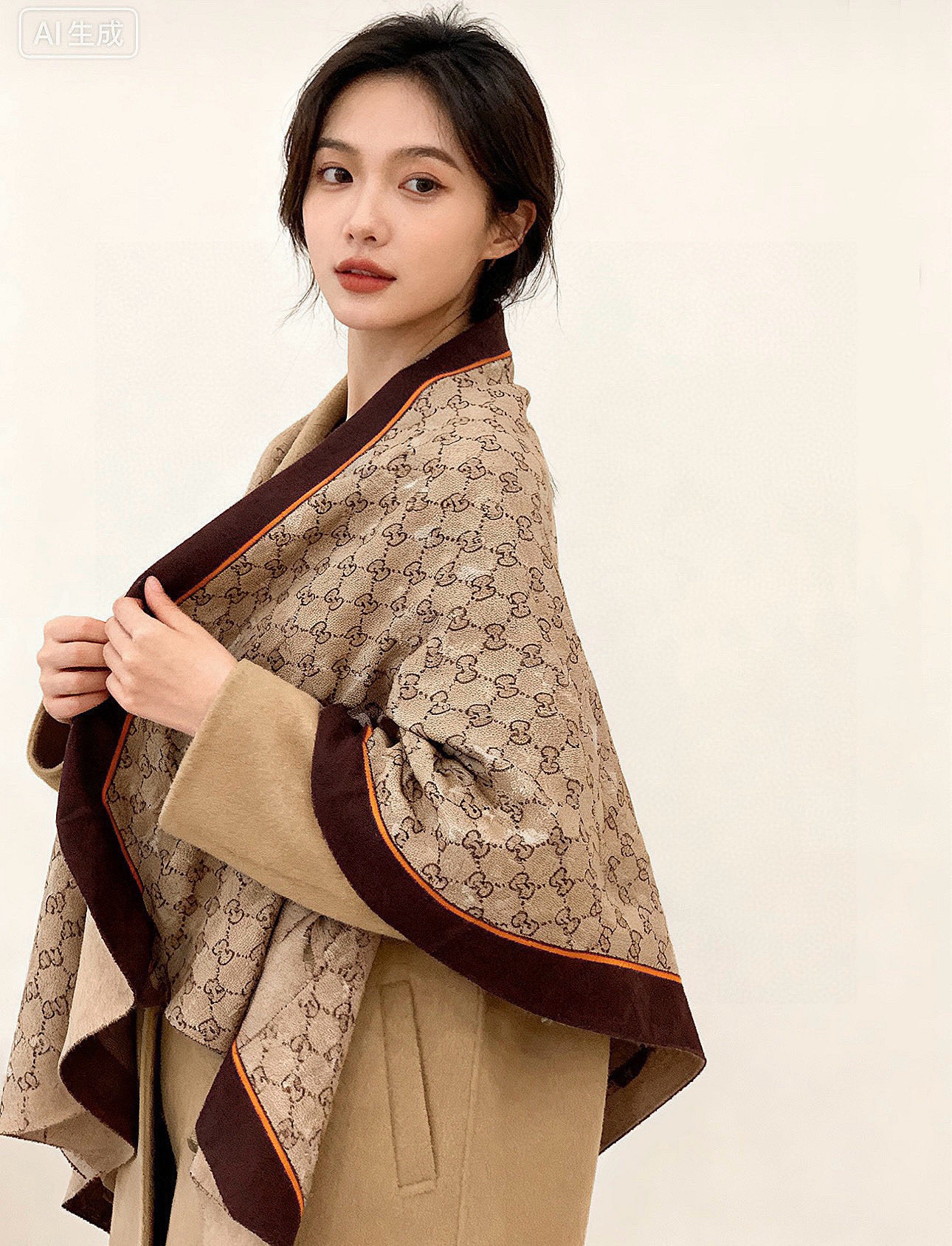 Gucci~140双面丝绒披肩马衔扣细节和GG图案以精致色调匠心呈献，意在向品牌与马术世界的深厚渊源致敬