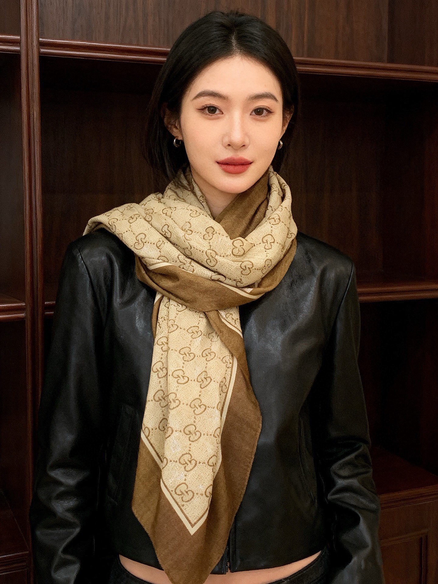 Gucci~140双面丝绒披肩马衔扣细节和GG图案以精致色调匠心呈献，意在向品牌与马术世界的深厚渊源致敬