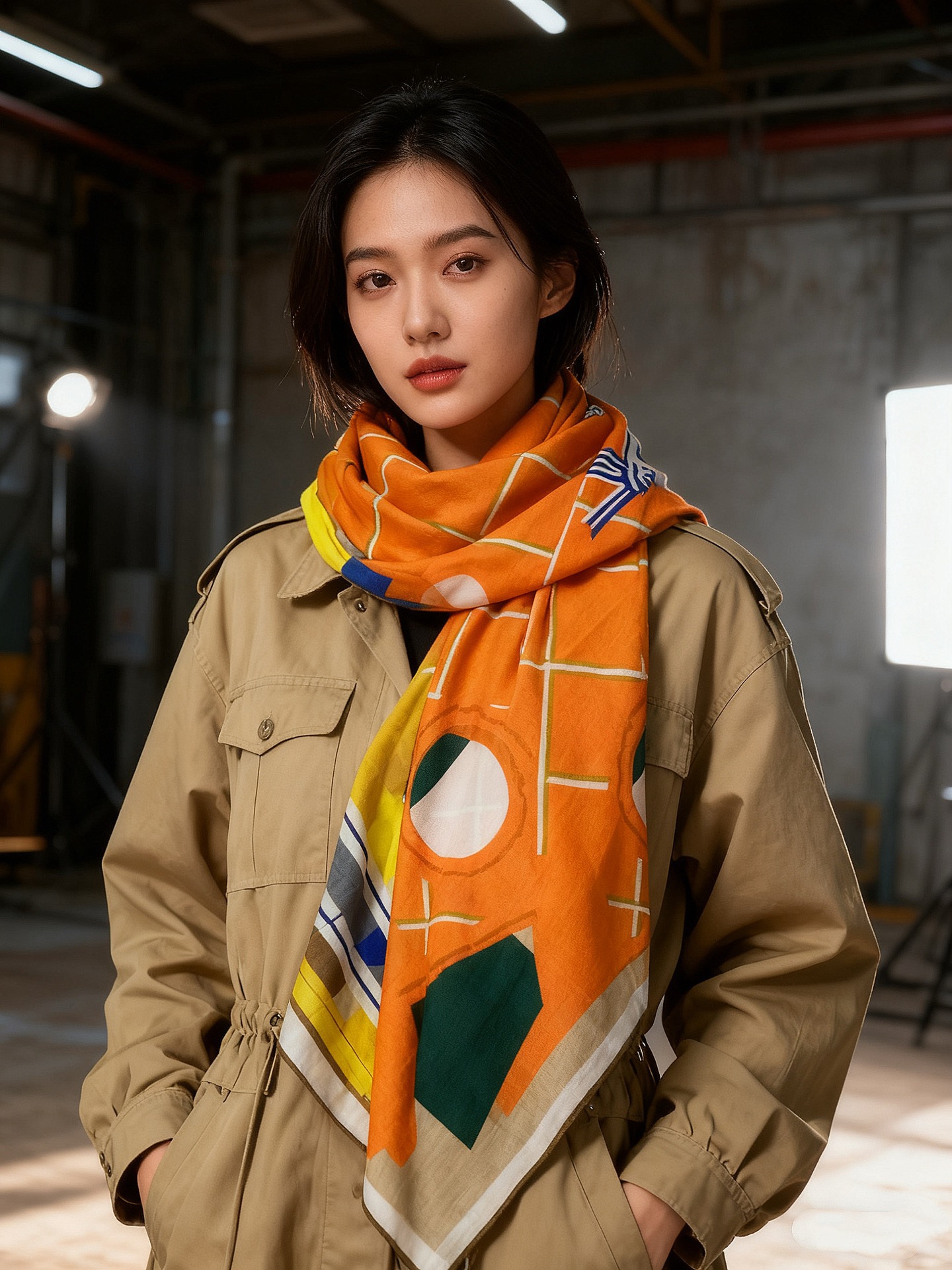 爱马仕“格纹马面罩” 140丝绒双面同色披肩手工卷边丝绒方巾（30%桑蚕丝70%羊绒）这款经典单品展现强