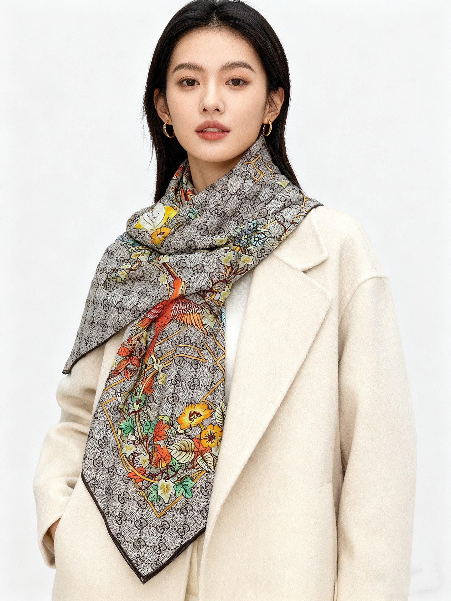 Gucci新款方巾 Gucci动物和花卉印花品牌典藏图案在与全新醒目印花的衬托下熠熠生辉。这款方巾匠心缀