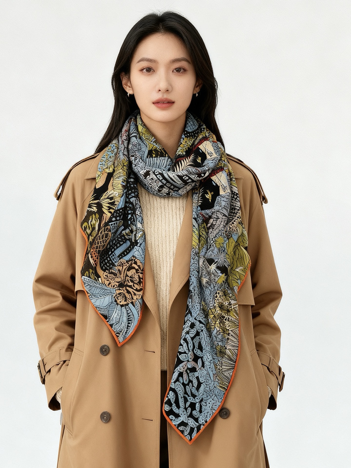 💟2025年秋冬抢先 上新💞【双面同色丝绒方巾】手工卷边山羊绒和真丝混纺披肩（70%山羊绒，30%桑蚕丝