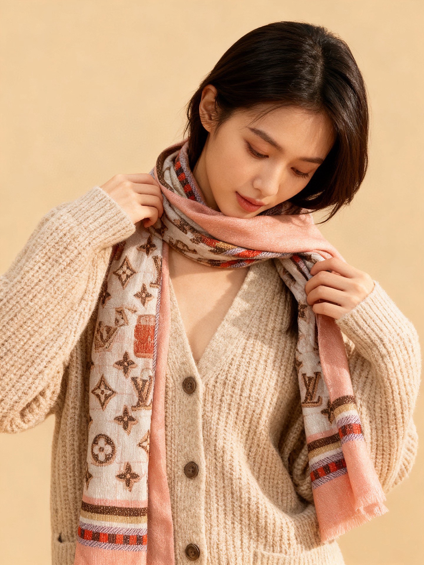 会发光发亮的围巾银丝羊绒长巾✨专柜同步‼️真心赞‼️驴家【L字母与花纹长巾】路易威登经典 Monogra