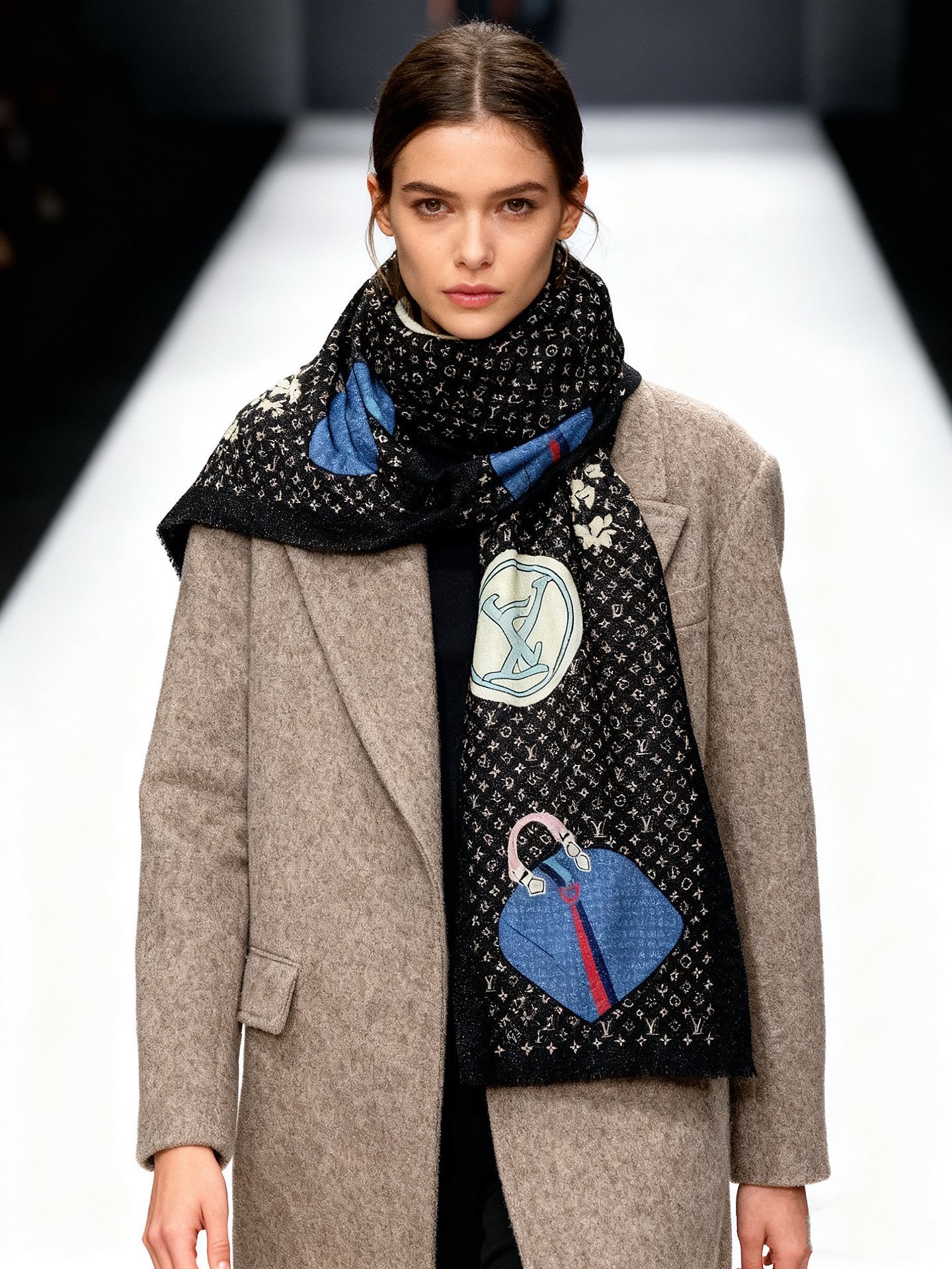 会发光发亮的围巾and Away 系列，致意路易威登的旅行传承。描绘 Monogram 载着路易威登手袋