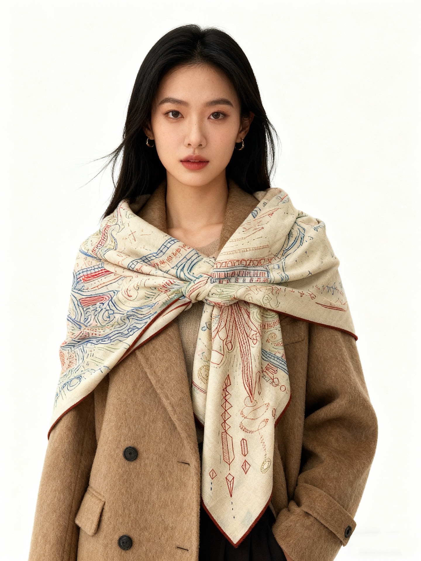 “正在接通中”140丝毛方巾【140顶级丝绒双面同色印花】手工卷边丝绒方巾（30%真丝70%羊绒）这款丝