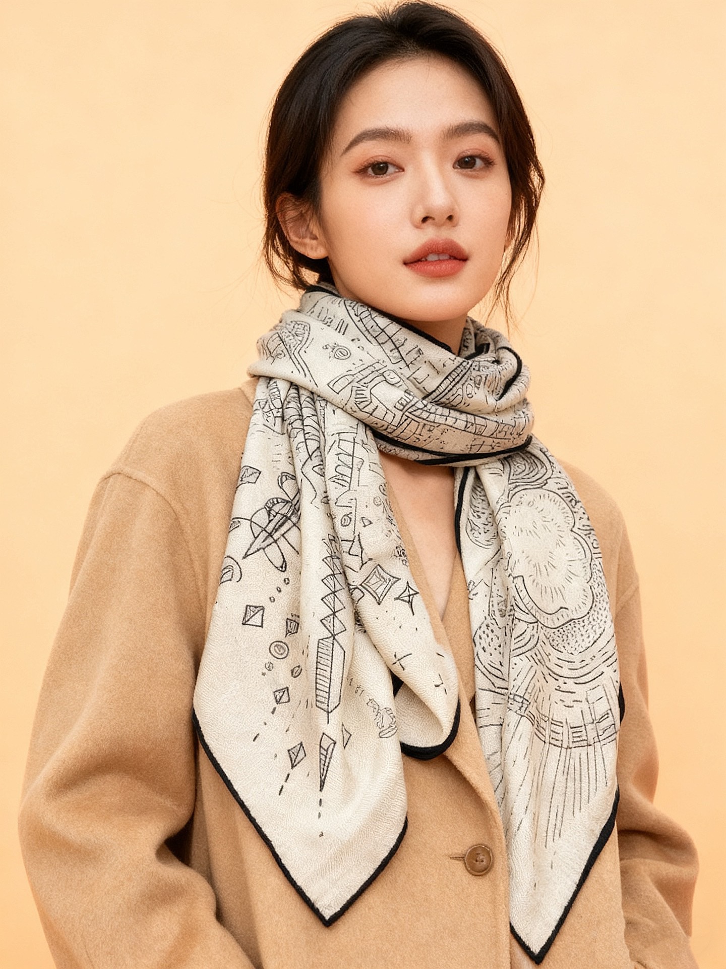 “正在接通中”140丝毛方巾【140顶级丝绒双面同色印花】手工卷边丝绒方巾（30%真丝70%羊绒）这款丝