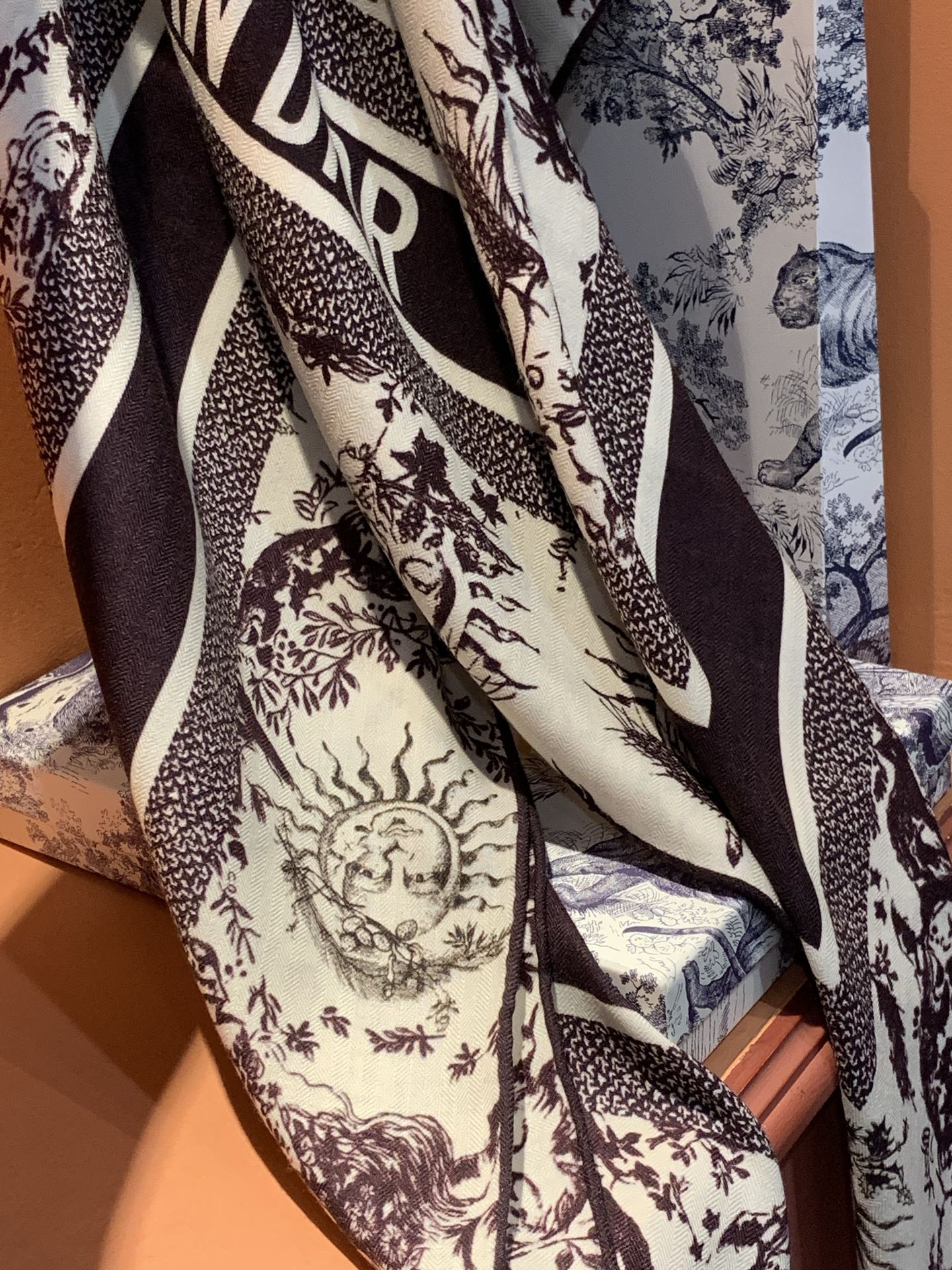 Dior 140丝绒双面同色印花披肩这款 Dior 丝绒披肩以彼得罗•鲁福（Pietro Ruffo）设