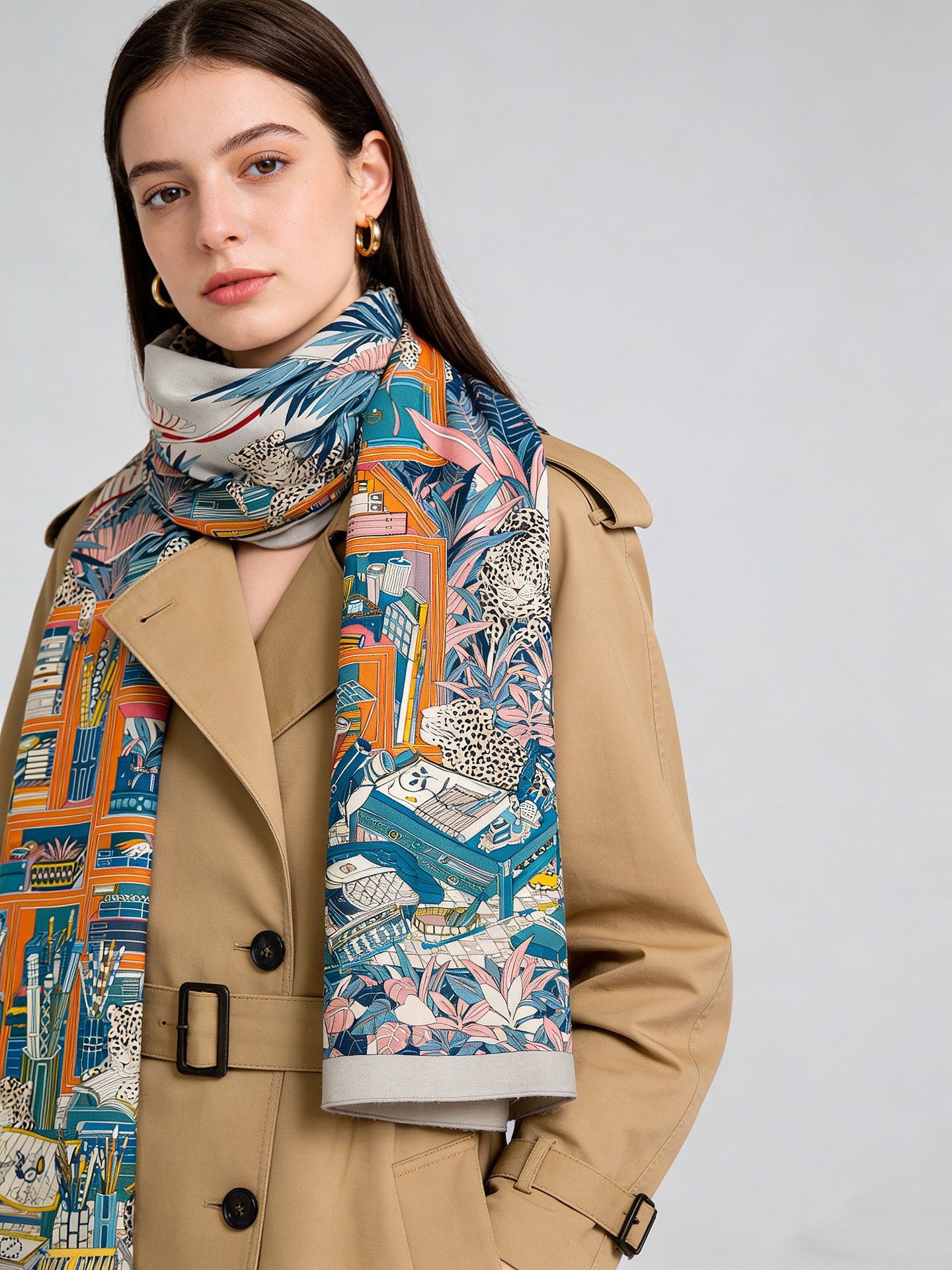 NO:714618,Hermès new double-sided same color product name Twelve Leopards fabric silk cashmere size 140*140 Twelve leopards enjoy a relaxing time. They lie lazily, half-hidden and half-revealed among the leaves, or sleep leisurely in the center of the strange open-air studio. Are all leopards?  Not so. One of the leopards wears glasses and is reading the contents of a mysterious book; the other is exploring the scrolls in the box. Korean artist Jin Kwon uses Korean screens to create a dream in the depths of the jungle, filled with rare treasures. The lush plants harmoniously complement countless ornaments, pots and various Hermès notebooks, like a fascinating maze, which makes collectors intoxicated. High version scarf, high version scarf, hermes19860909爱马仕新款双面同色 品名十二花豹 面料丝羊绒尺寸140*140十二只花豹享受惬意休憩的时光.它们慵懒躺卧,在叶丛间半隐半现,或在奇异的露天工作室中央悠然而睡.所有花豹吗？ 并非如此.其中一只花豹戴着眼镜,正品读一本神秘书籍的内容；另一只正探察盒中的卷轴.韩国艺术家权真（Jin Kwon）以韩式屏风的形式营造丛林深处的梦境,奇珍雅玩充盈其中.葱郁丰茂的植物与不计其数的摆件、壶罐和各色爱马仕笔记本和谐相衬,犹如引人入胜的迷阵,令收藏家沉醉不已.高版本围巾,高版本围巾,hermes,scarf