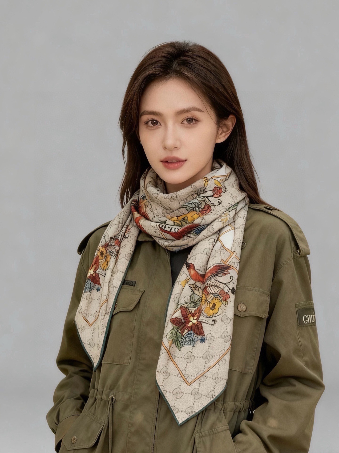 Gucci新款方巾 Gucci动物和花卉印花品牌典藏图案在与全新醒目印花的衬托下熠熠生辉。这款方巾匠心缀