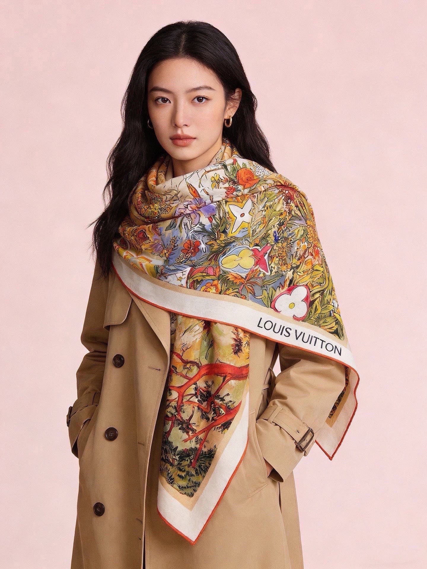 140双面丝绒披肩… LV手工卷边丝绒方巾（30%桑蚕丝70%羊绒）这款经典单品展现强大而迷人的女性魅力