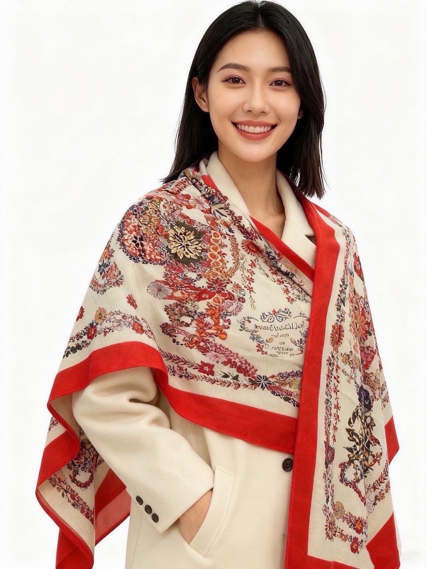 “华丽的缰辔花卉版”140丝绒方巾【140顶级丝绒双面同色披肩】手工卷边丝绒方巾（30%真丝70%羊绒）