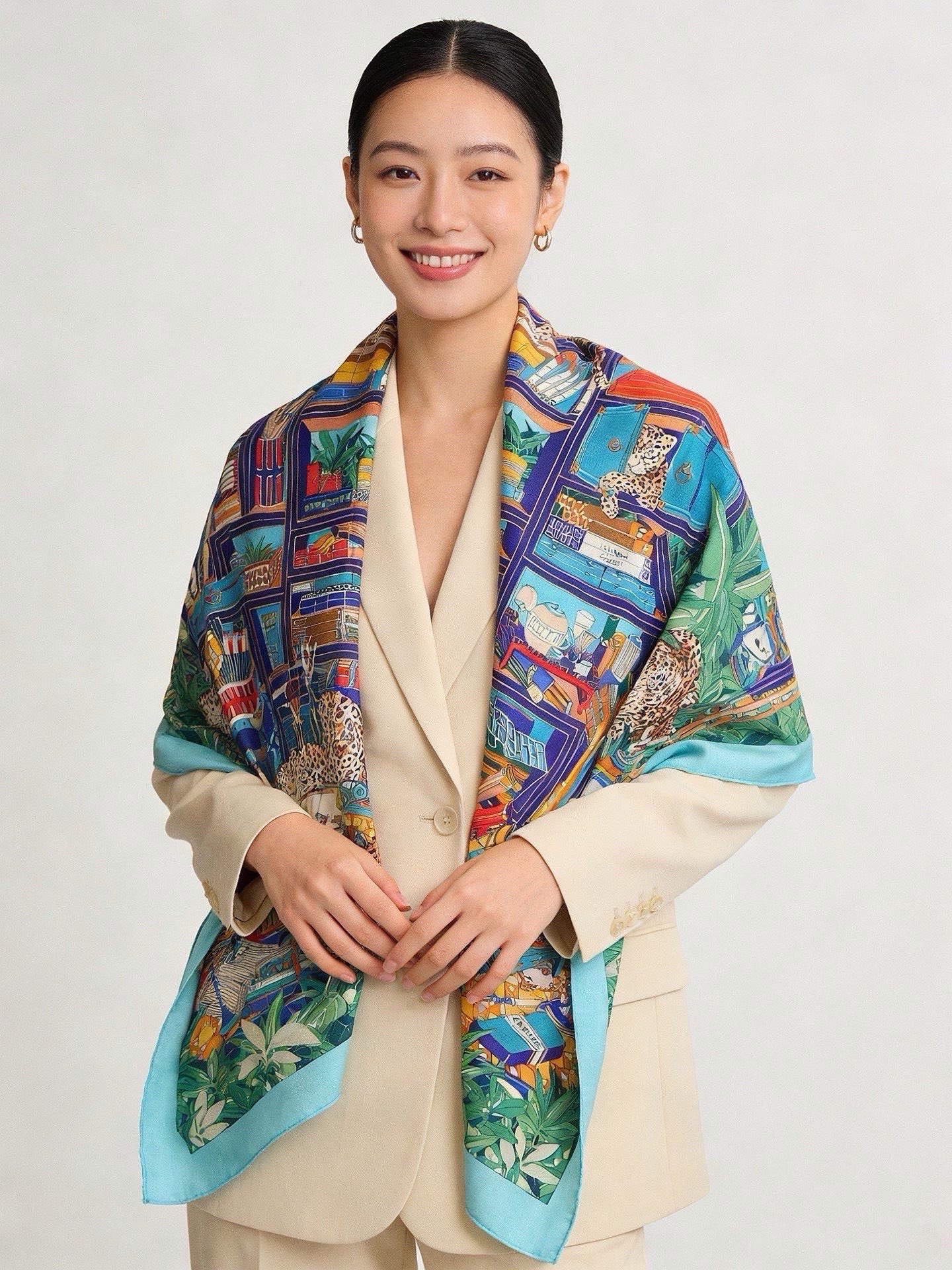 爱马仕新款双面同色 品名：十二花豹 面料：丝羊绒尺寸：140*140十二只花豹享受惬意休憩的时光。它们慵