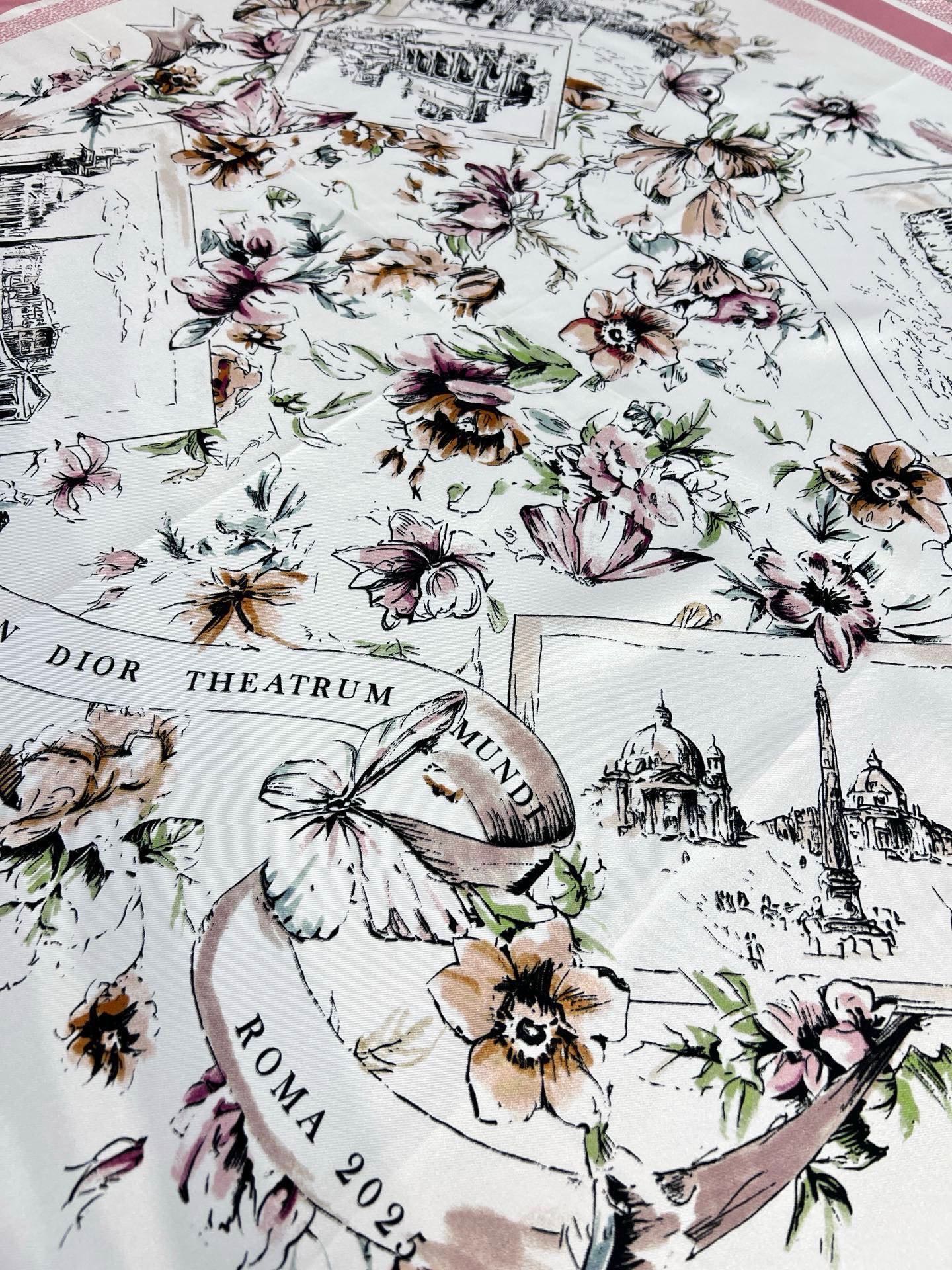 Dior 双面印花方巾90 厘米白色和蓝色桑蚕丝斜纹面料 Souvenir de Rome图案这款方巾饰