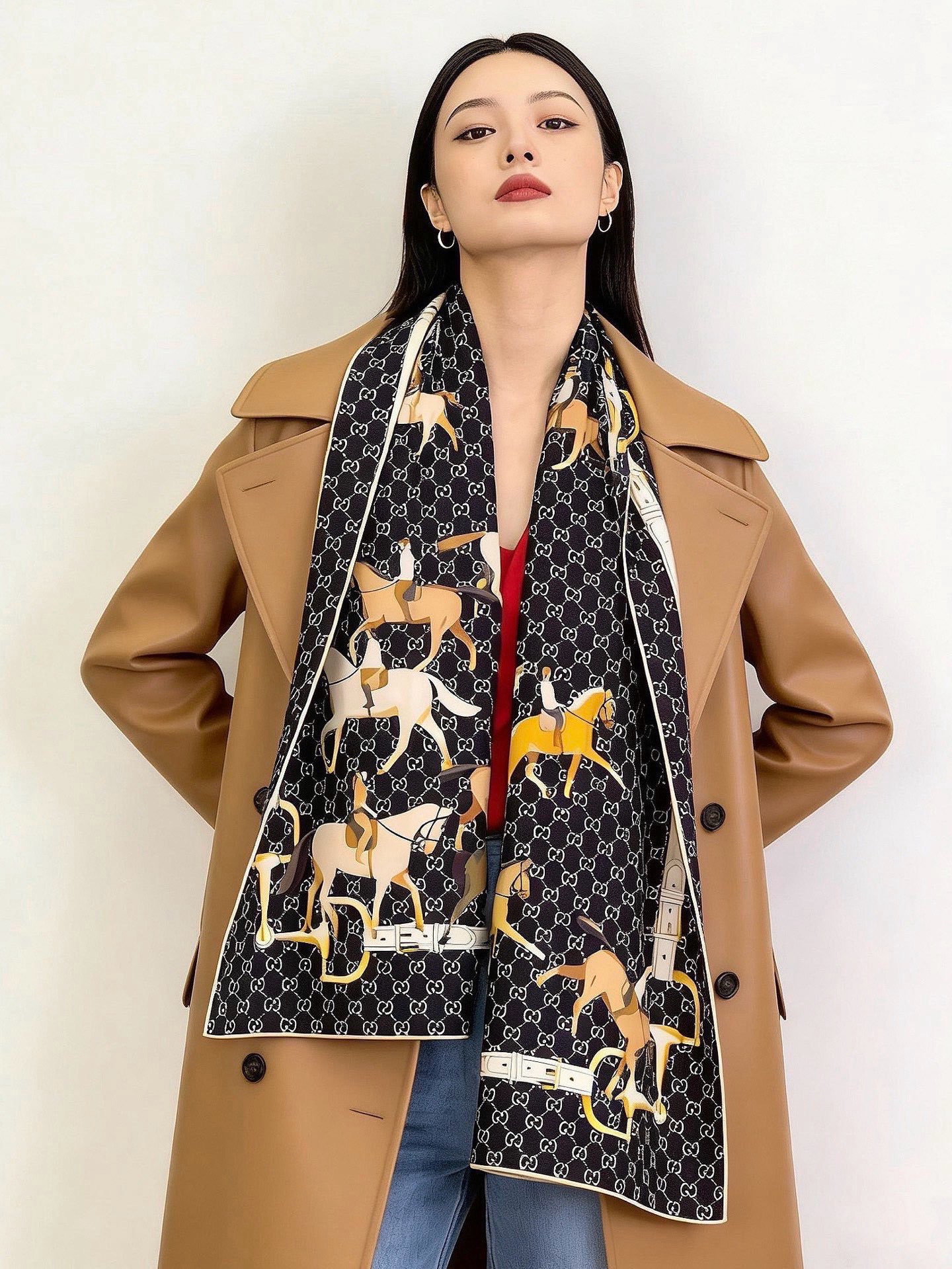 💟Gucci~140双面丝绒披肩 马鞍细节和骑马图案以精致色调匠心呈献，意在向品牌与马术世界的深厚渊源致敬。这款方巾以真